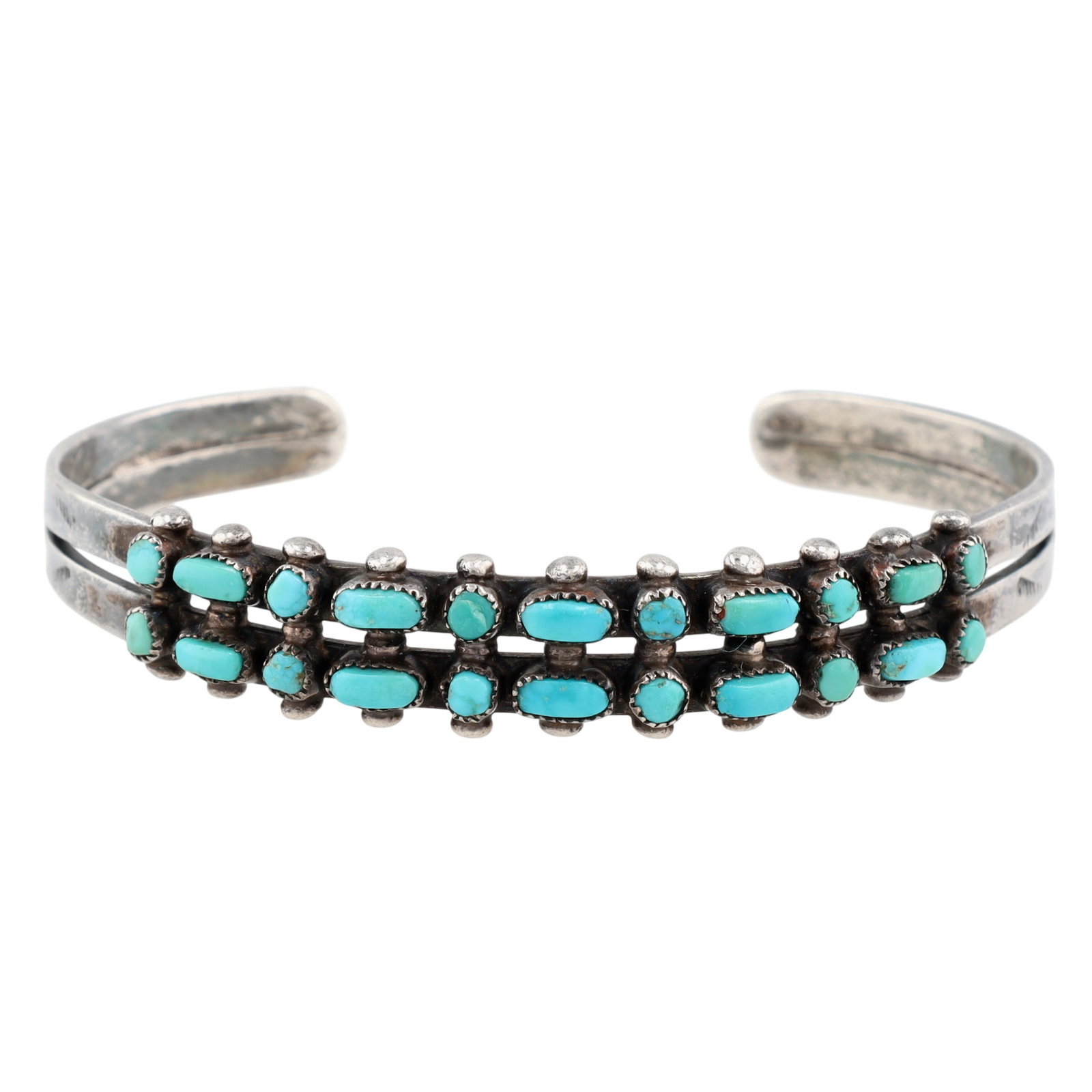 Vintage Zuni Sterling Double Row Turquoise Cuff Bracelet: Vintage Zuni Sterling Stamped Double Row Turquoise Cuff Bracelet | Weight: 13.2g | Approximate Inner Circumference (Including Gap): 6.25" | Gap: 1"