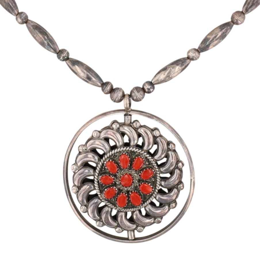 Vintage Fred & Elsie Lonconsello Zuni Sterling Reversible Turquoise Coral Spinner Necklace: Vintage Fred & Elsie Lonconsello Zuni Sterling Reversible Spinner Turquoise and Coral Bead Necklace | Weight: 48.6g | Pendant Diameter 2.1" | Necklace Length: 18"