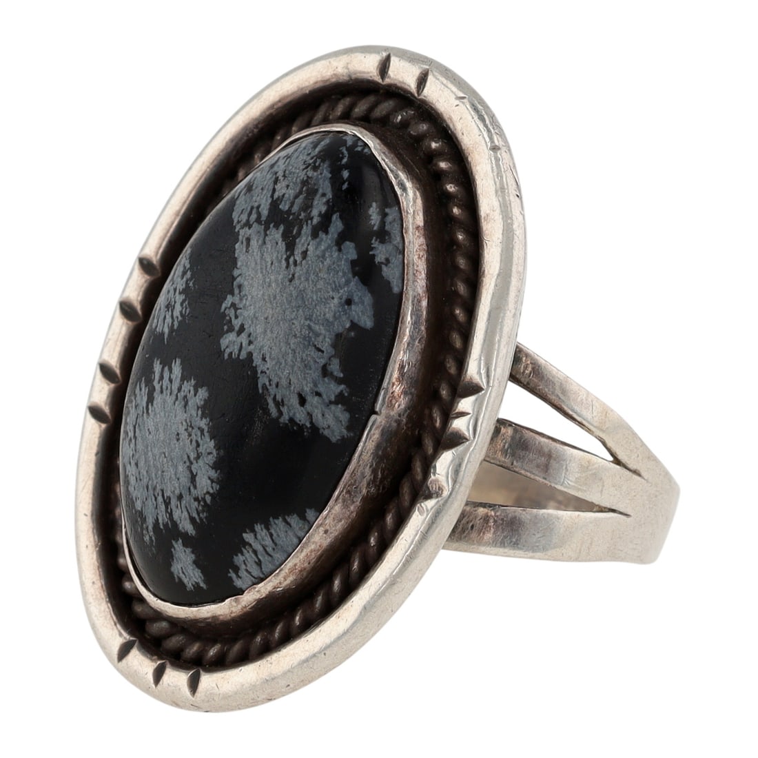 Vintage Navajo Sterling Snowflake Obsidian Ring Sz 10 (1 of 6)