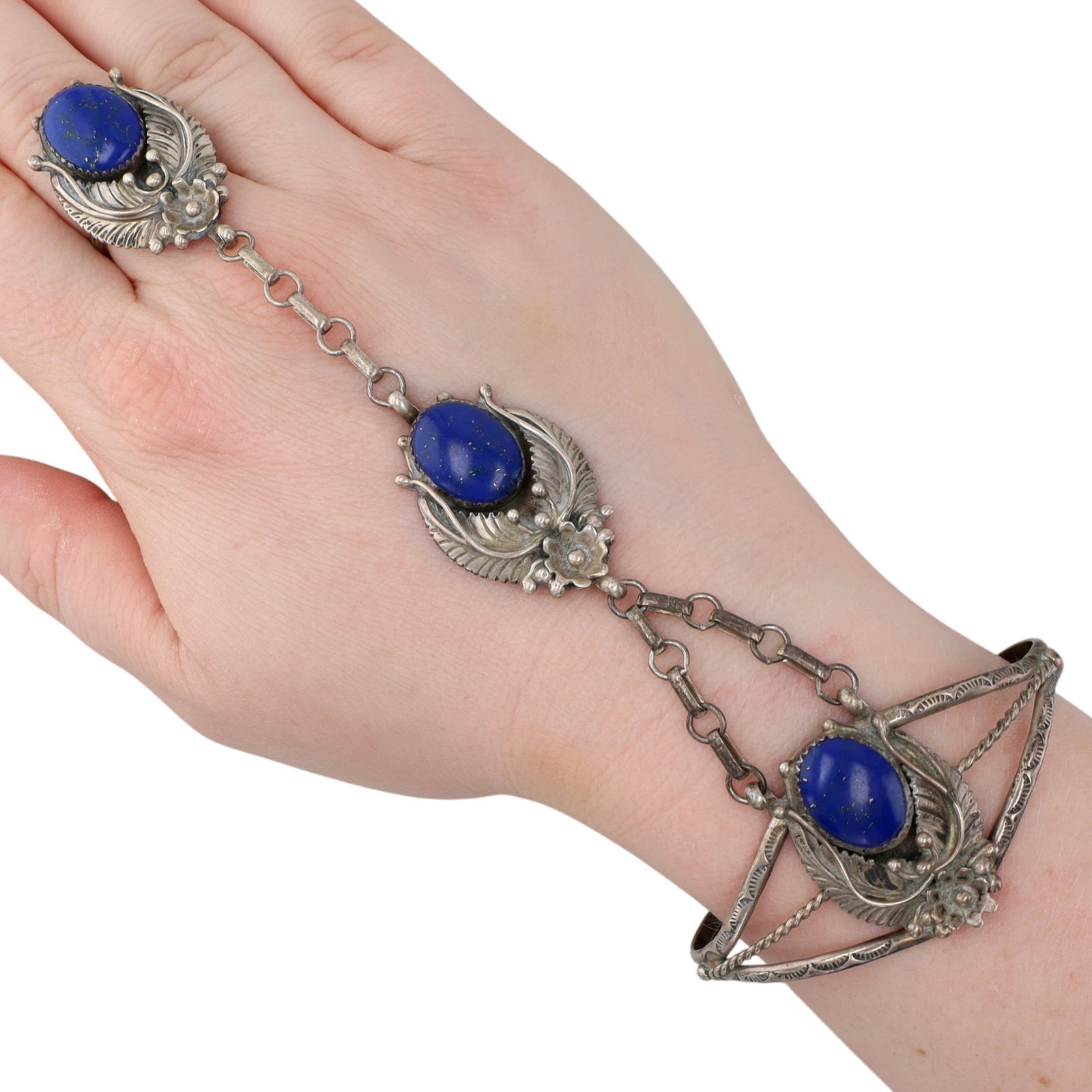 Signed Navajo Sterling Lapis Lazuli Slave Cuff Bracelet and Ring Sz 7.5 (1 of 8)