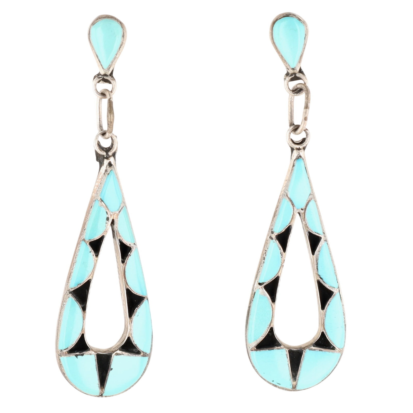 Signed Navajo Sterling Turquoise Inlay Dangle Earrings (1 of 4)