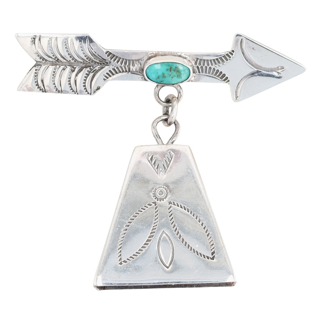 Fred Harvey Era Navajo Sterling Turquoise Arrow Bell Brooch: Vintage Fred Harvey Era Navajo Sterling Stamped Turquoise Arrow & Dangle Bell Brooch | Weight: 11g | Consignor recently polished piece