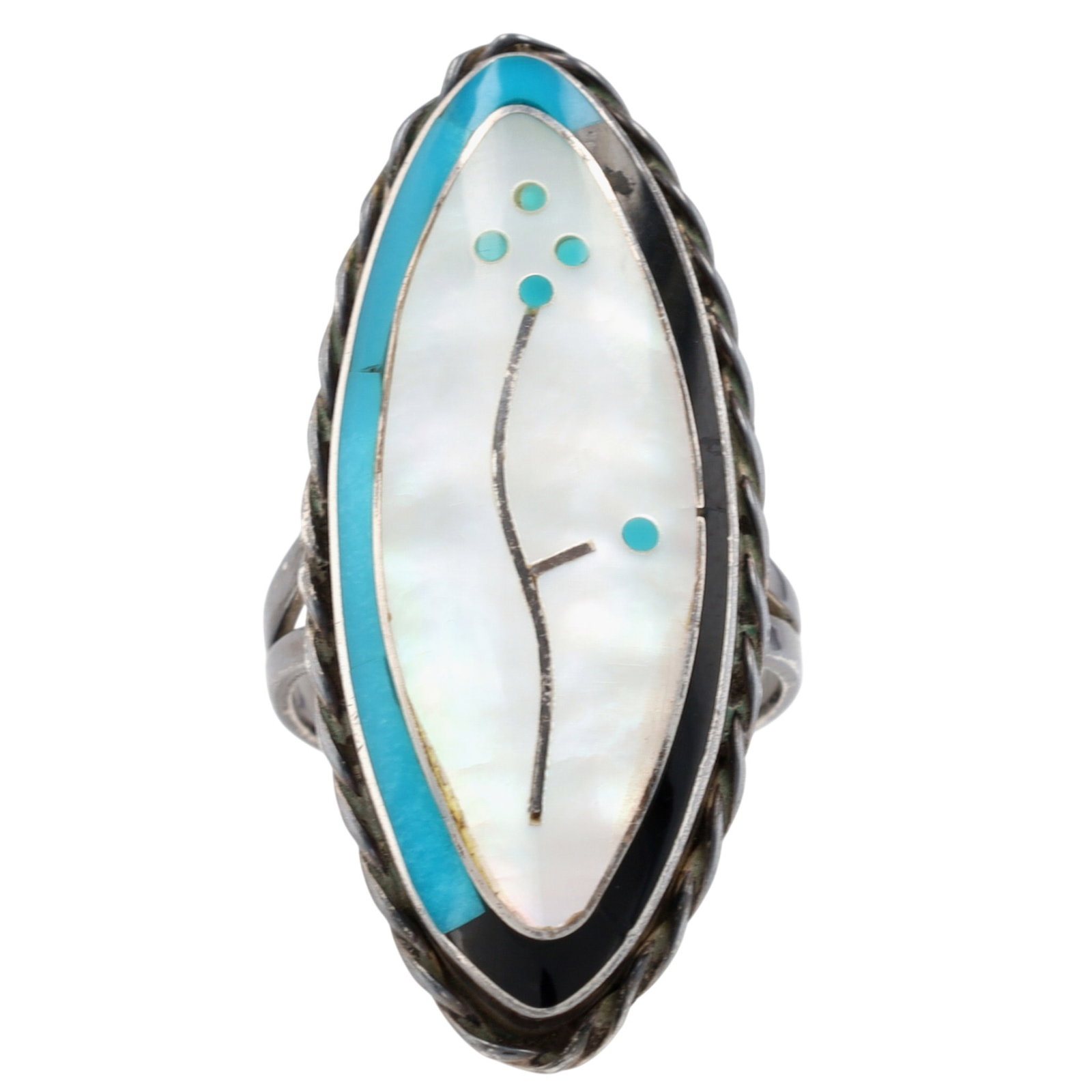 Vintage Zuni Sterling Multi-Stone Inlay Flower Ring Sz 7.5: Vintage Zuni Sterling Multi-Stone Inlay Flower Ring Sz 7.5 | Weight: 8.2g | Mother of Pearl, Turquoise, Jet