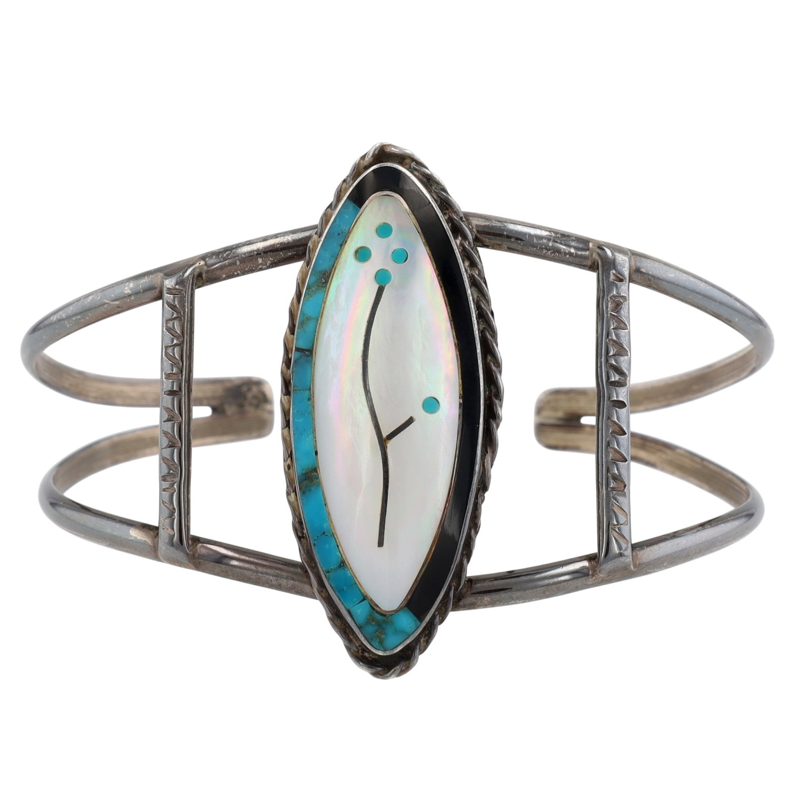 Vintage Zuni Sterling Multi-Stone Inlay Flower Cuff Bracelet: Vintage Zuni Sterling Multi-Stone Inlay Flower Cuff Bracelet | Weight: 15.4g | Approximate Inner Circumference (Including Gap): 6.25" | Gap: 1" | Mother of Pearl, Turquoise, Jet