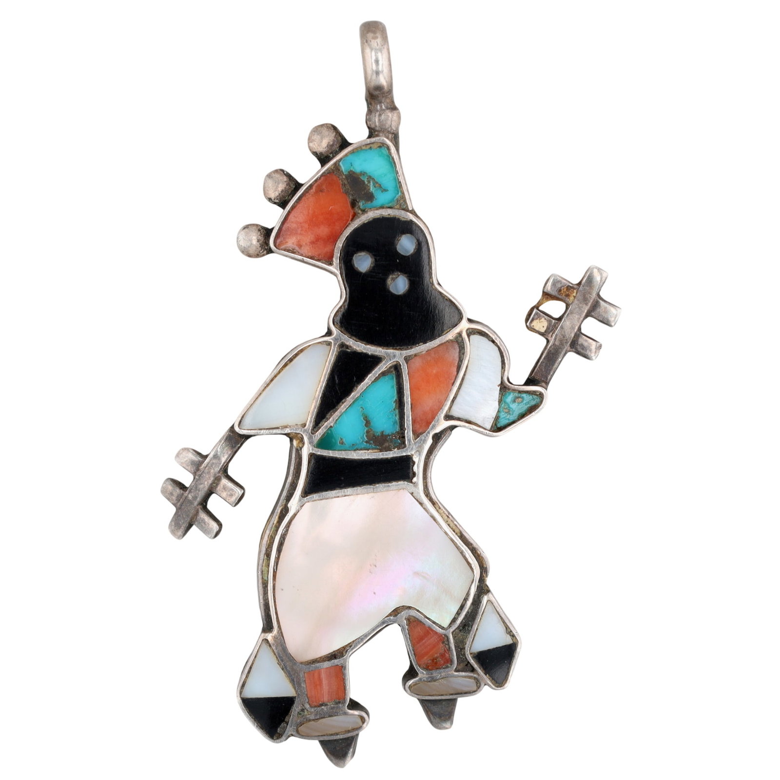 Vintage Zuni Sterling Multi-Stone Inlay Apache Crown Dancer Pendant (1 of 3)