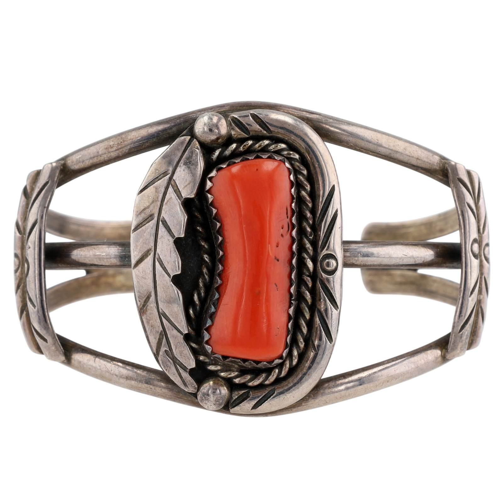 Vintage Navajo Sterling Coral Cuff Bracelet: Vintage Navajo Sterling Stamped Coral Cuff Bracelet | Weight: 30.4g | Approximate Inner Circumference (Including Gap): 6" | Gap: 1.1"