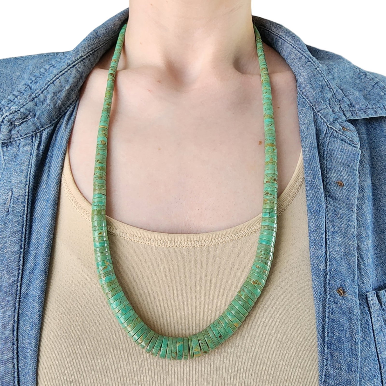 Vintage Santo Domingo Sterling Royston Turquoise Graduated Disc Necklace: Vintage Santo Domingo Royston Turquoise Graduated Disc Necklace with Sterling Hook Clasp | Weight: 61g | Approximately 28" | Discs graduated from 4mm - 12mm | Consignor provided with royston turquoise