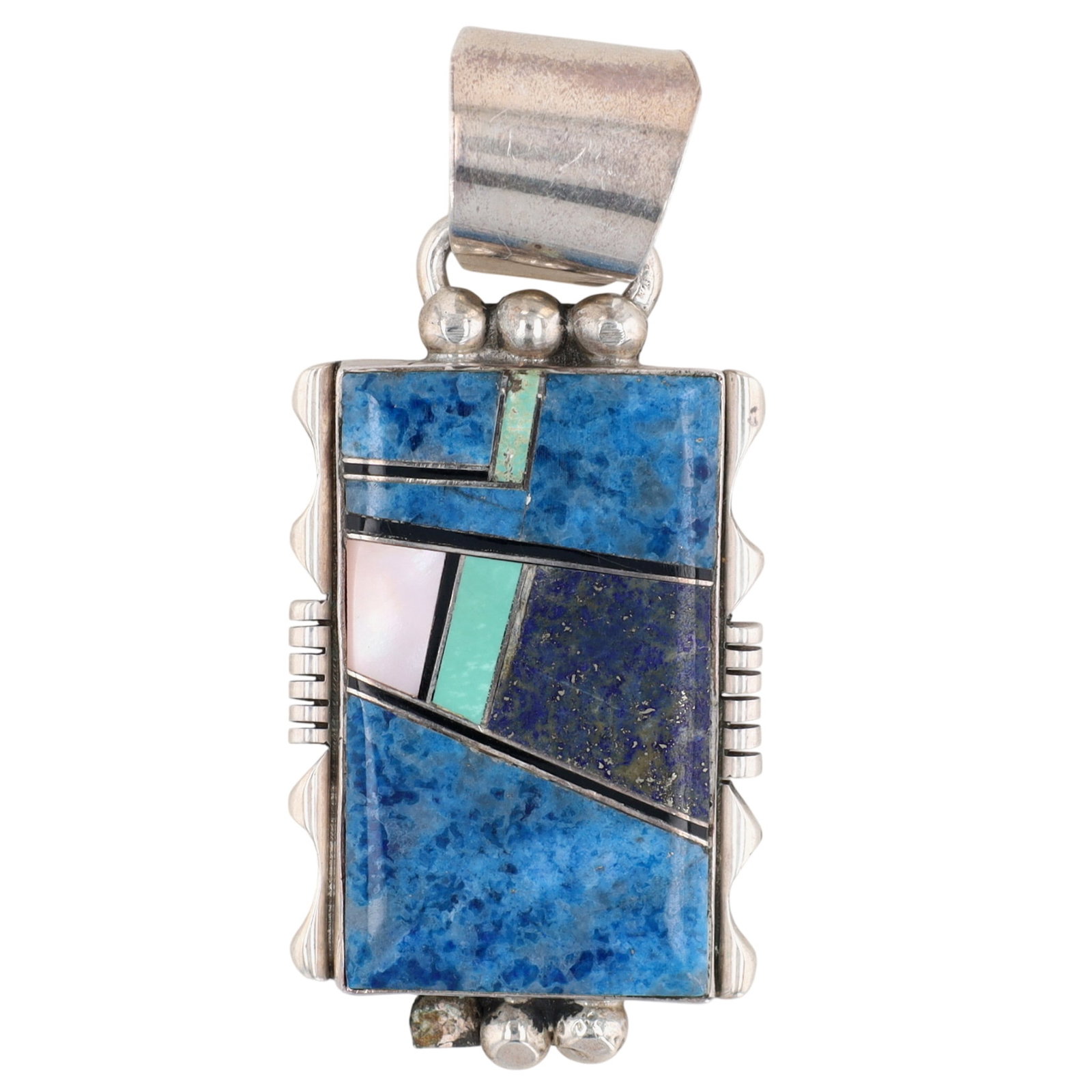 Signed Navajo Sterling Multi-Stone Inlay Pendant: Signed RJJ Navajo Sterling Multi-Stone Inlay Pendant | Weight: 13g | Denim Lapis Lazuli, Lapis Lazuli, Jet, Mother of Pearl, Turquoise | Approximately 2.2" x .9"