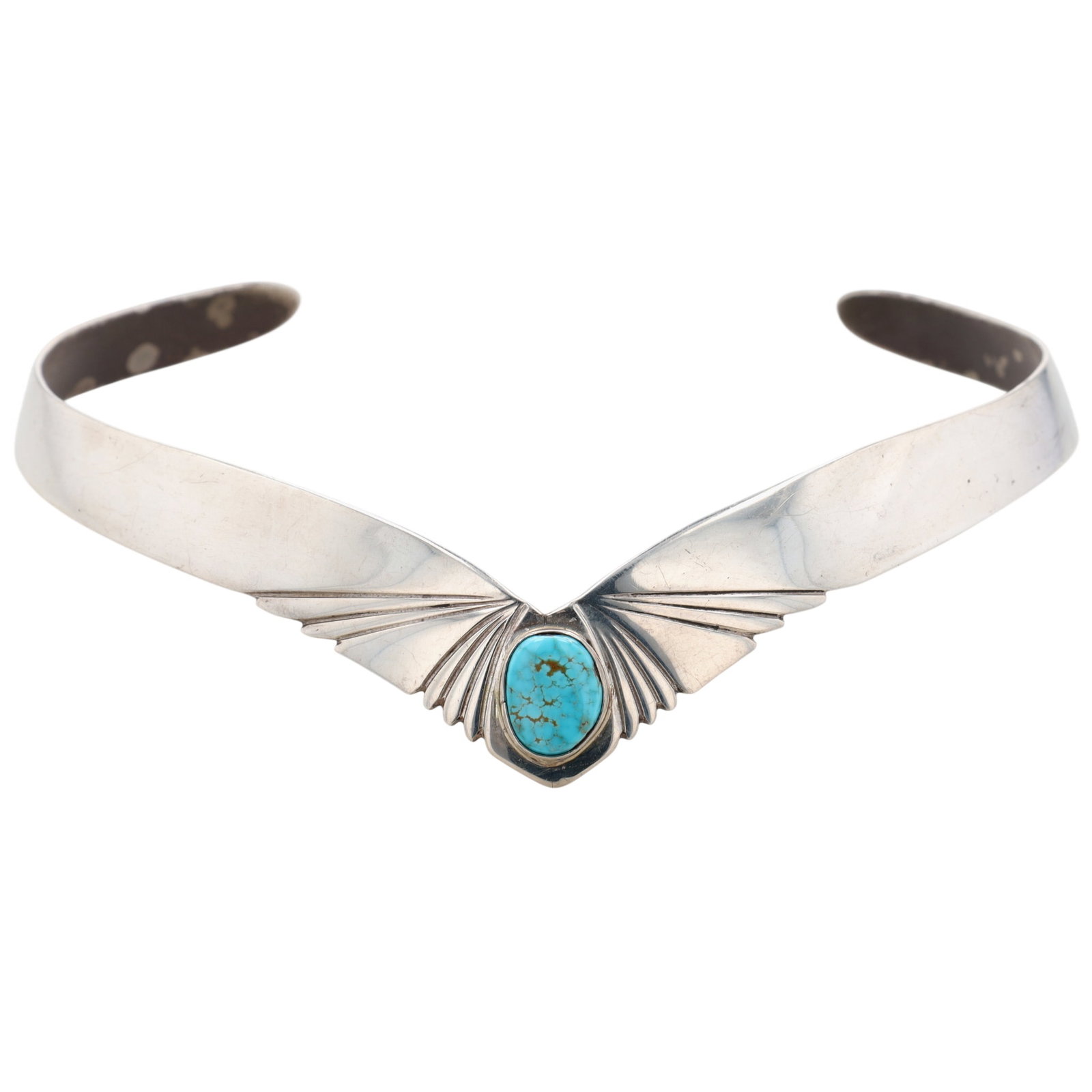 Vintage Navajo Sterling Turquoise Collar Necklace: Vintage Navajo Sterling Turquoise Collar Necklace | Weight: 35g | Approximate inner circumference of 13" with an opening of 2.5", and approx. 4.5" diameter.