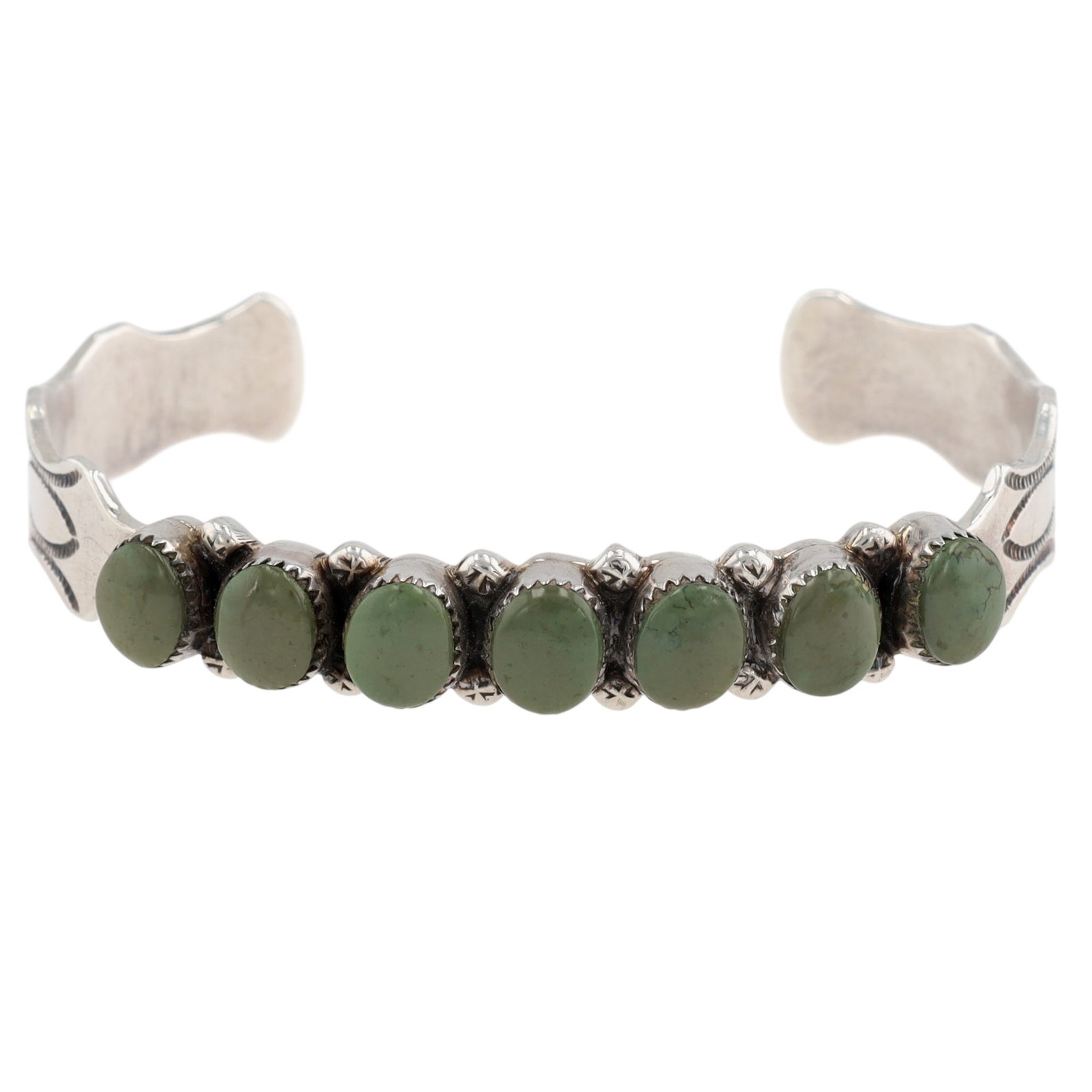 Paylee & Darlene Coonsis Zuni Sterling Turquoise Cuff Bracelet: Paylee & Darlene Coonsis Zuni Sterling Stamped Turquoise Cuff Bracelet | Weight: 17g | Approximate Inner Circumference (Including Gap): 6.25" | Gap: 1.2" | The "P" of the signature has faded and only 