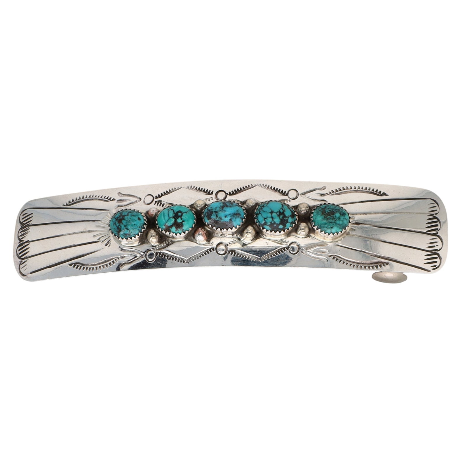 Joan Begay Navajo Sterling Kingman Turquoise Hair Clip Barrette: Joan Begay Navajo Sterling Kingman Turquoise Hair Clip Barrette | Weight: 19.6g | 3.9" x .8"