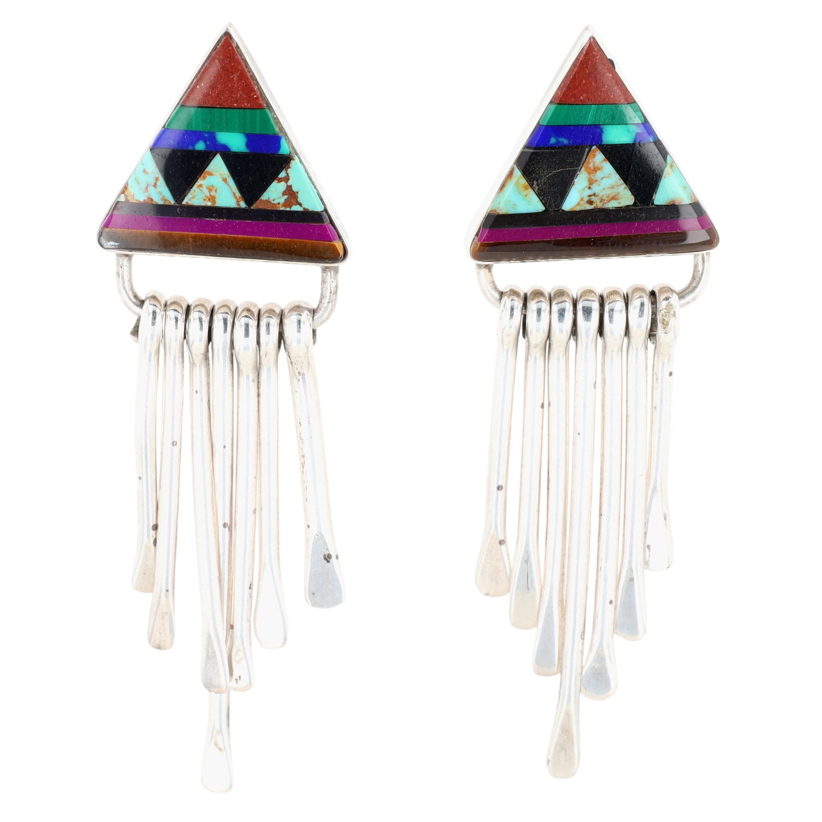Signed Navajo Sterling Multi-Stone Inlay Fringe Earrings: Signed F Navajo Sterling Multi-Stone Inlay Fringe Earrings | Weight: 9.1g | Approximately 2.25" long | Jasper, Malachite, Turquoise, Azurite, Tiger Eye, Jet, Sugilite
