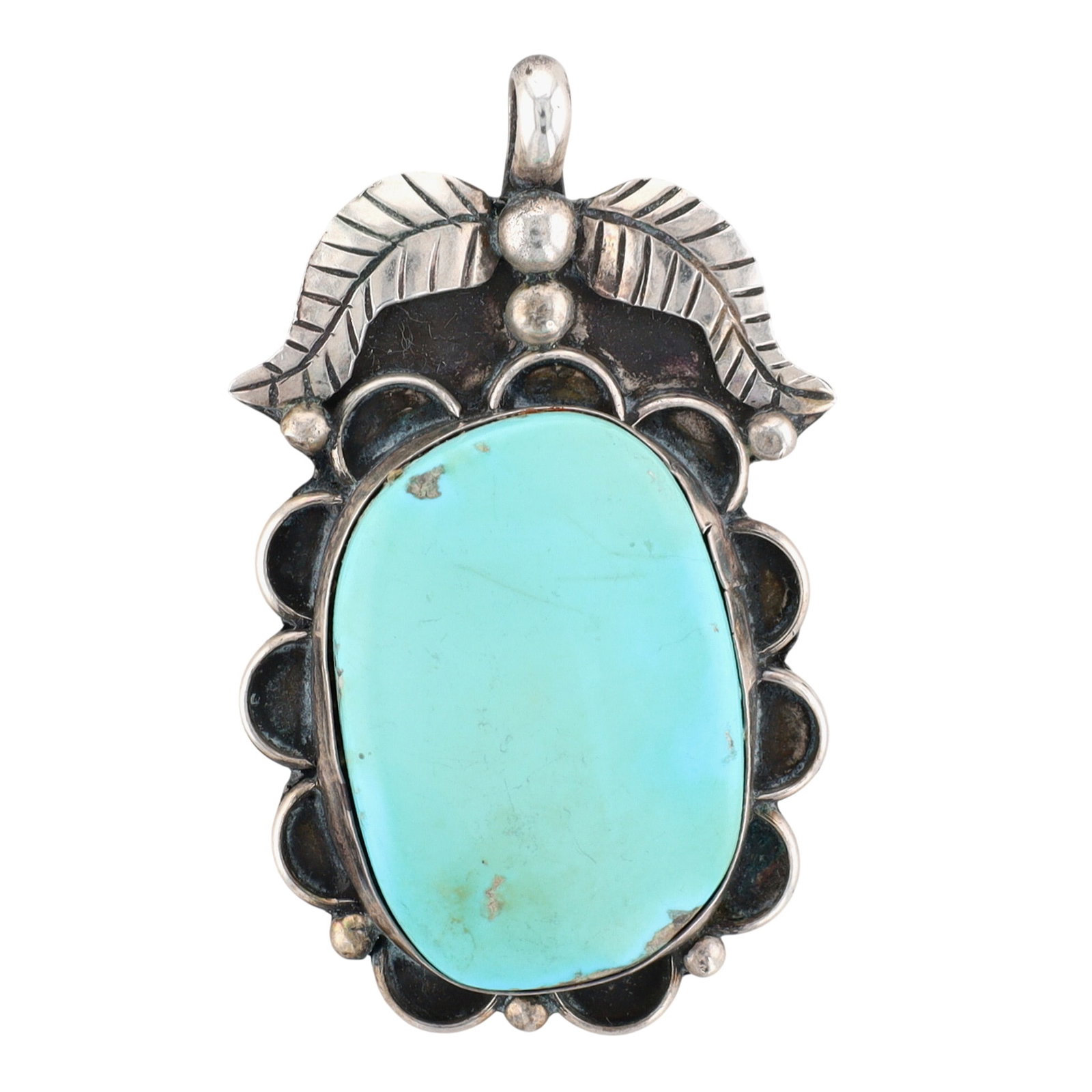 Vintage Signed Navajo Sterling Turquoise Pendant: Vintage Signed H.T. Navajo Sterling Turquoise Pendant | Weight: 11.3g | Approximately 2" x 1.2"