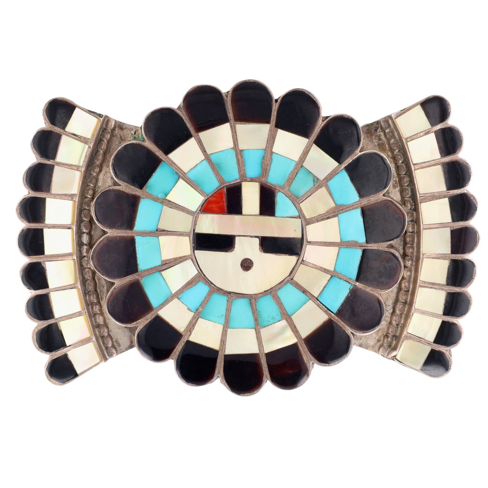 Vintage Jose & Dora Massie Zuni Sterling Multi-Stone Inlay Sunface Belt Buckle: Vintage Jose & Dora Massie Zuni Sterling Multi-Stone Inlay Sunface Belt Buckle | Weight: 39.5g | 2.9" x 2" | Fits belt up to approx. 1.2" wide | Mother of Pearl, Turquoise, Coral, Jet