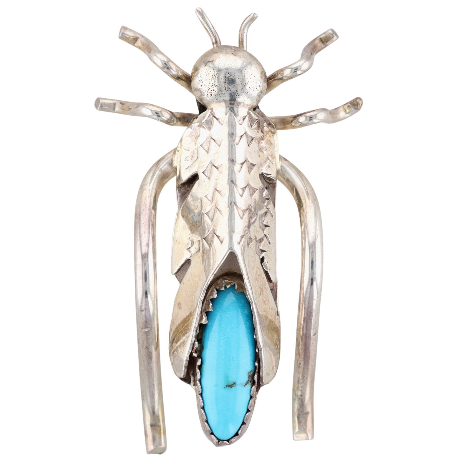 Vintage Navajo Sterling Turquoise Bug Brooch: Vintage Navajo Sterling Stamped Turquoise Grasshopper Bug Brooch | Weight: 7.6g | Approximately 2.7" x 1" | Provenance: From an estate of a longtime Native American jewelry collector who purchased fro