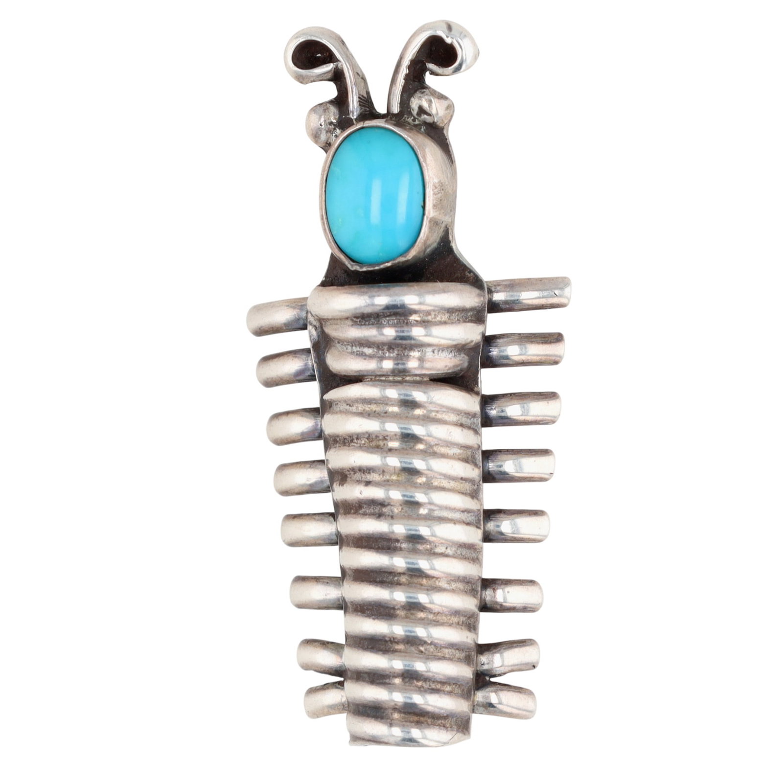 Vintage Signed Navajo Sterling Turquoise Bug Brooch: Vintage Signed Navajo Sterling Turquoise Caterpillar/Bug Brooch | Weight: 5g | Measures approximately 1.4" x .6" | The mark resembles the Three Hogans shop mark with a W/C above it, but unable to conf