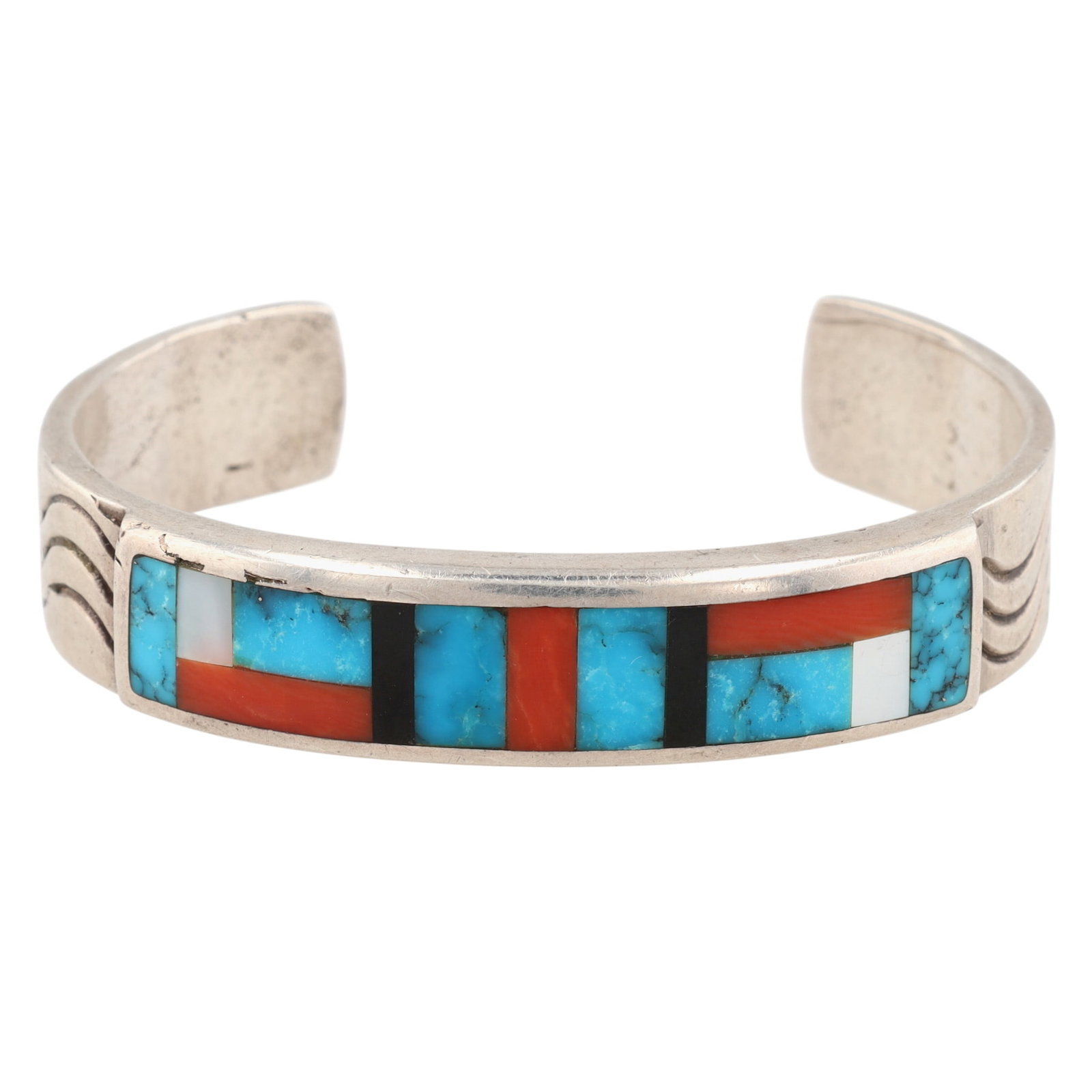 Vintage Zuni Sterling Multi-Stone Inlay Cuff Bracelet: Vintage Zuni Sterling Multi-Stone Inlay Stamped Cuff Bracelet | Turquoise, Coral, Mother of Pearl, Jet | Weight: 35g | Approximate Inner Circumference (Including Gap): 6.25" | Gap: 1.25"