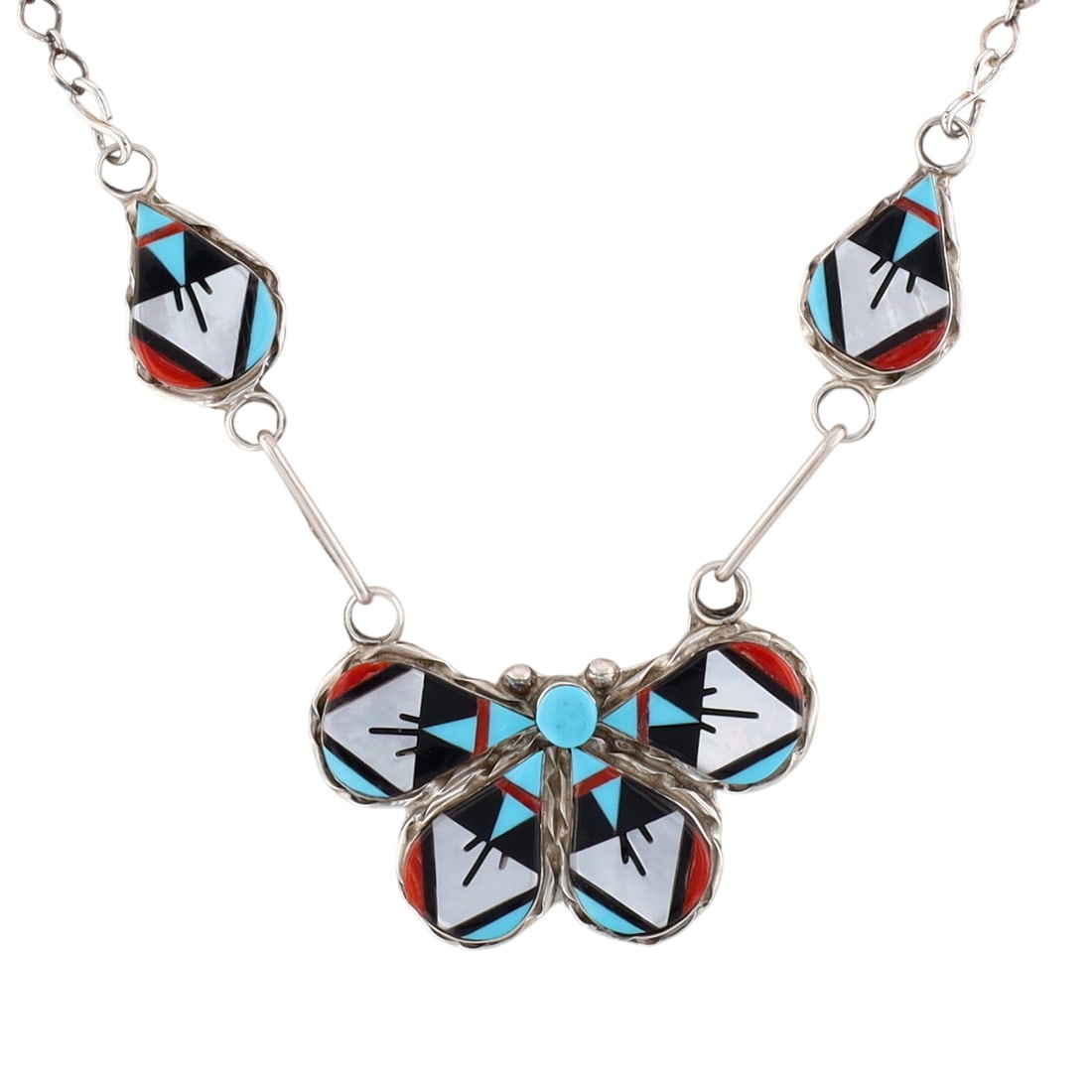 Carol Niiha Zuni Sterling Multi-Stone Inlay Teardrop Necklace: Carol Niiha Zuni Sterling Multi-Stone Inlay Teardrop Necklace | Weight: 18.6g | 19" | Turquoise, Coral, Mother of Pearl, Jet
