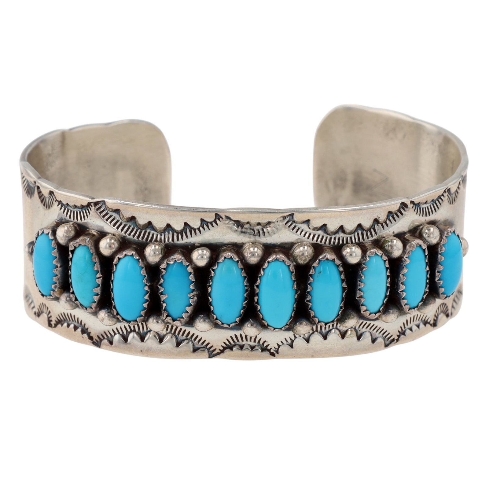 Signed Navajo Sterling Stamped Turquoise Cuff Bracelet: Signed RC Navajo Sterling Stamped Turquoise Cuff Bracelet | Weight: 48.8g | Approximate Inner Circumference (Including Gap): 6.5" | Gap: .8"