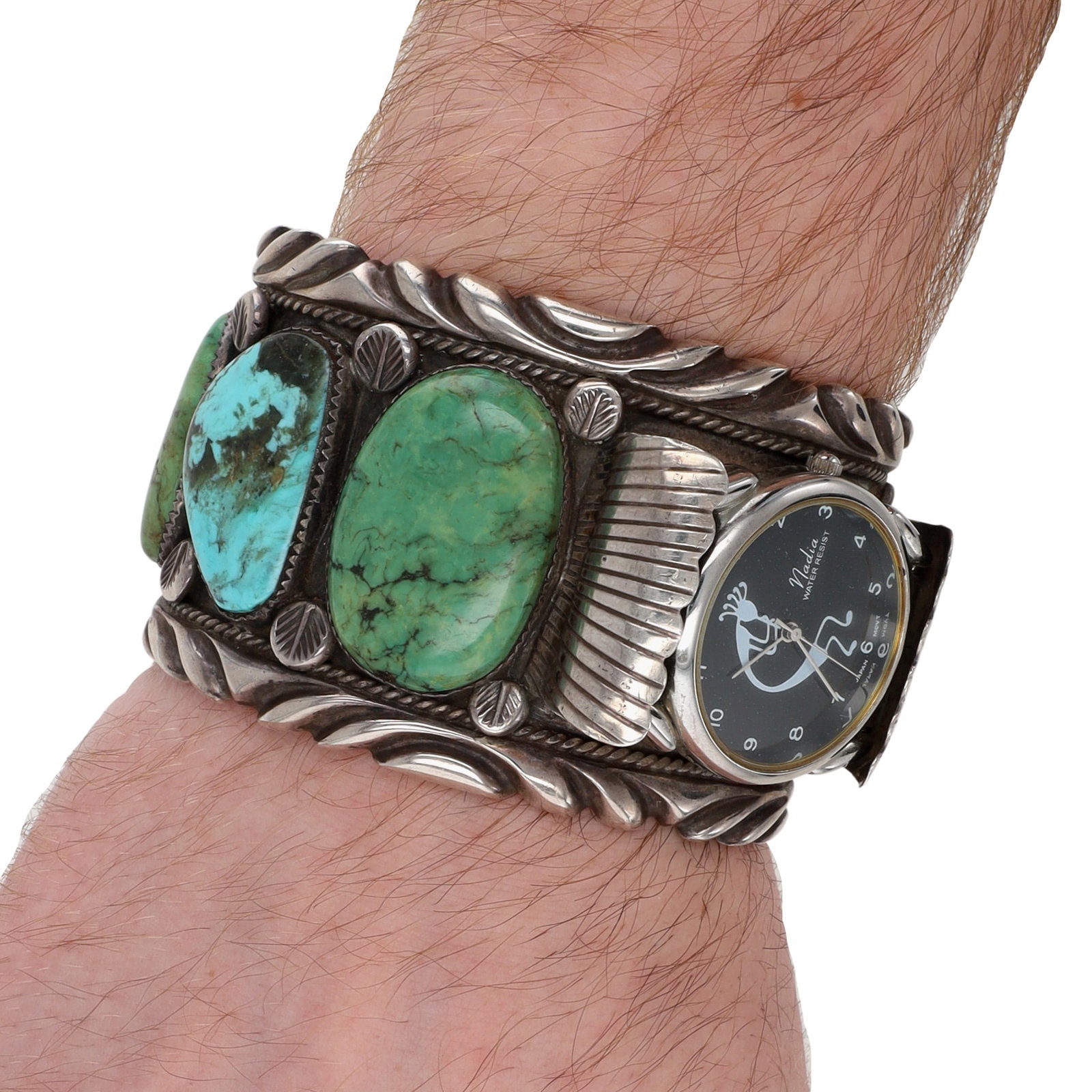 Ben Touchine Navajo Huge Sterling Turquoise Cuff Bracelet: Huge! Vintage Ben Touchine Navajo Sterling Turquoise Watch Cuff Bracelet | Provenance: From an estate of a longtime Native American jewelry collector who purchased from trading posts and galleries fro