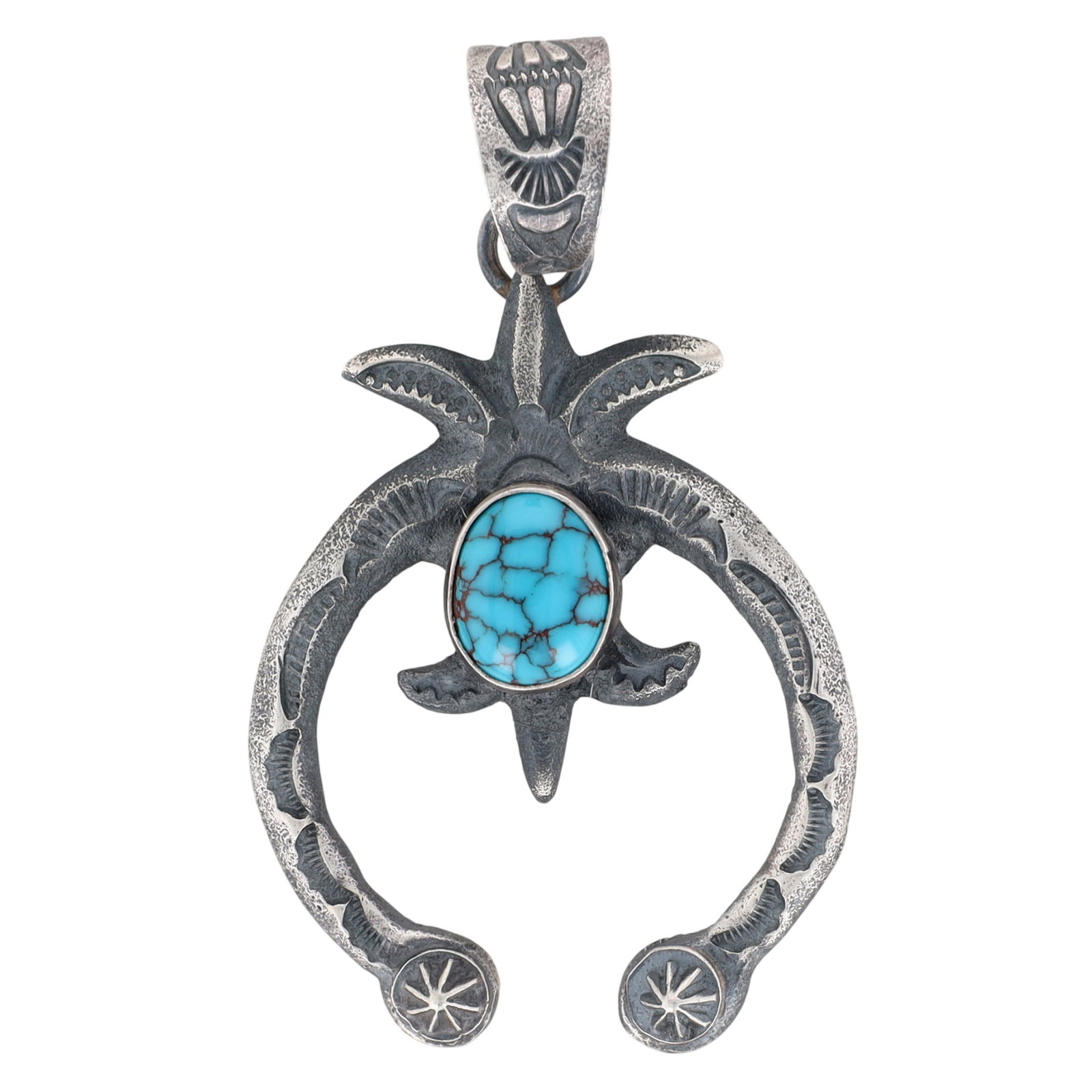 Kevin Billah Navajo Sterling Turquoise Stamped Naja Pendant: Kevin Billah Navajo Sterling Turquoise Deep-Stamped Naja Pendant | Weight: 16.9g | Approx. 2.5" x 1.5"