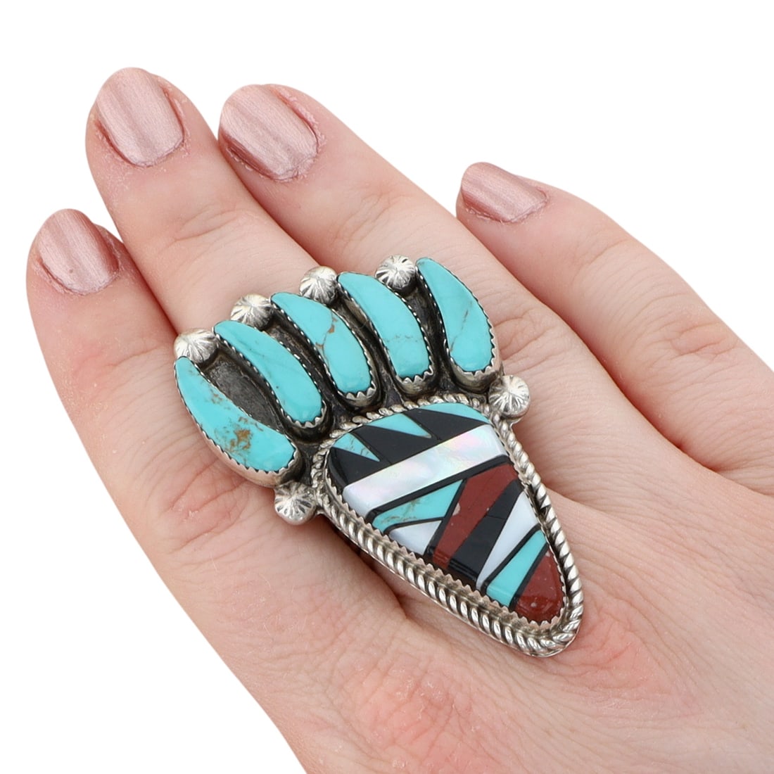 Ben Livingston Sterling Multi-Stone Inlay Bear Paw Ring Sz 8: Big! Ben Livingston Sterling Multi-Stone Inlay Bear Paw Ring Sz 8 | Weight: 25.1g | 2.4" x 1.4" | Mother of Pearl, Jet, Turquoise, Pipestone