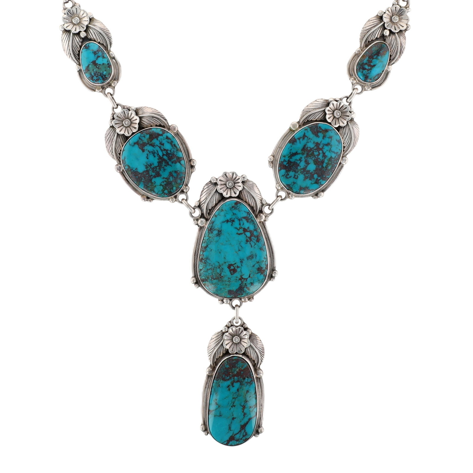 Roie Jaque Navajo Sterling Turquoise Station Necklace: Wow! Roie Jaque Navajo Sterling Turquoise Station Necklace | Weight: 92g | Length: 20" plus drop of 4.5"