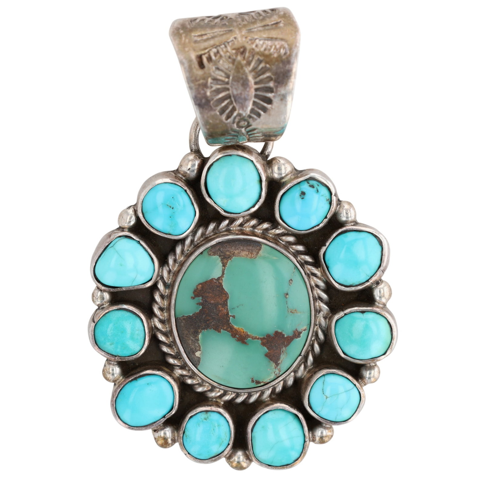 Herbert Tsosie Navajo Sterling Turquoise Cluster Pendant: Herbert Tsosie Navajo Sterling Turquoise Cluster Pendant | Weight: 17.6g | Approximately 2" x 1.25"