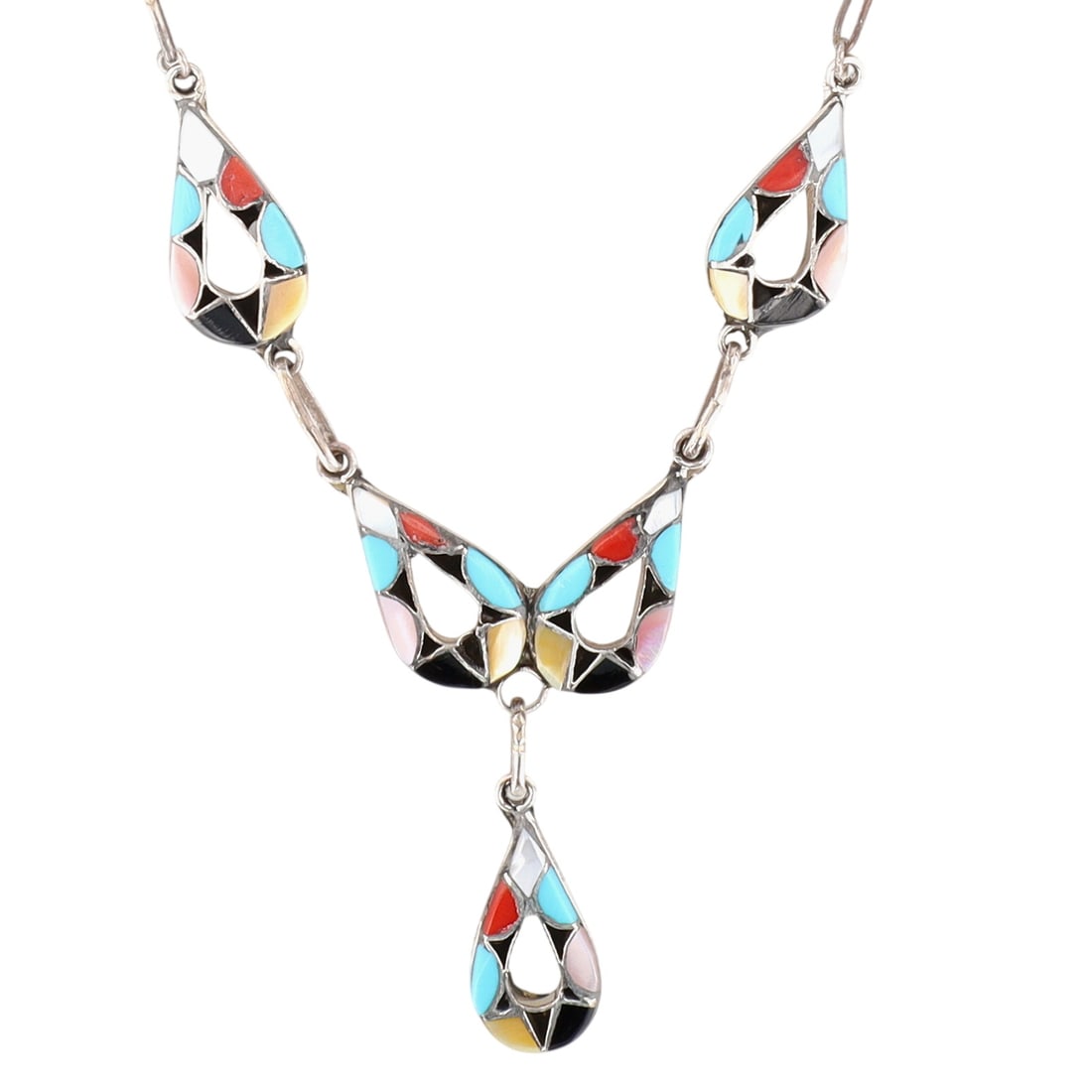 Emma Bowekaty Zuni Sterling Multi-Stone Inlay Teardrop Necklace: Emma Bowekaty Zuni Sterling Multi-Stone Inlay Teardrop Necklace | Turquoise, Coral, Mother of Pearl, Shell, Jet | Weight: 12.6g | Length: 20", approx. 2.5" drop.