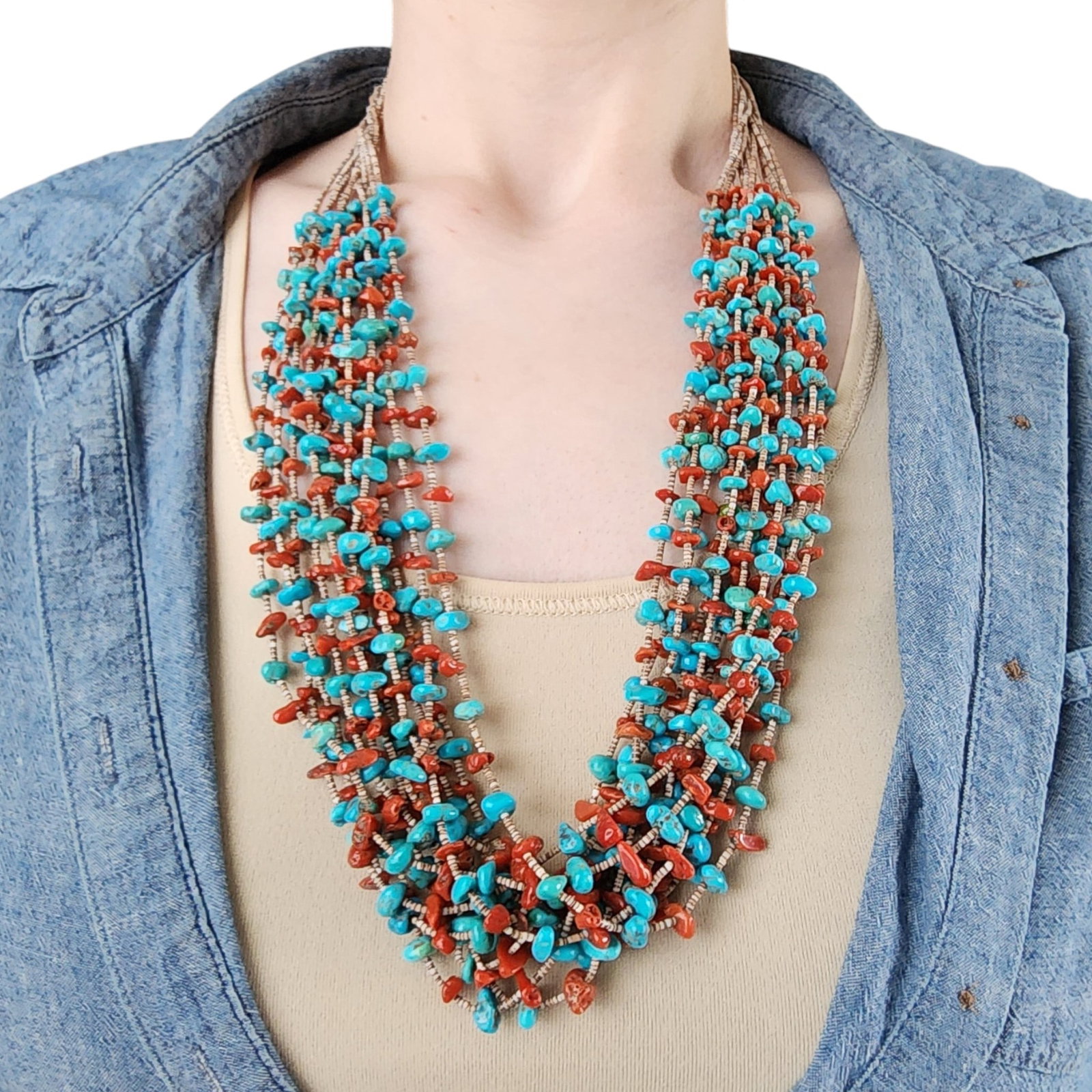 Vintage Santo Domingo Sterling Turquoise Coral Heishi 12-Strand Necklace (1 of 7)