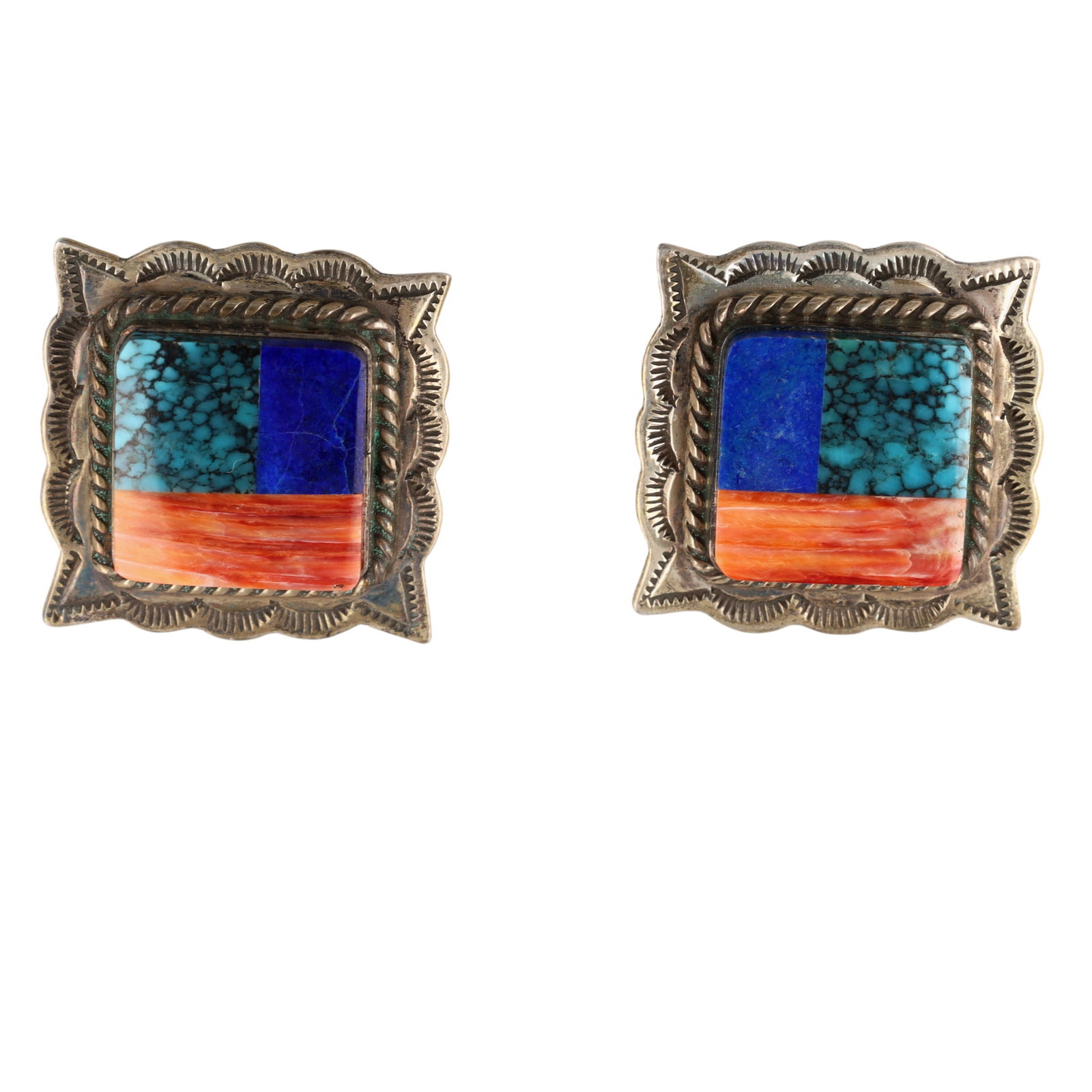 Benjamin Piaso Jr. Navajo Sterling Multi-Stone Inlay Earrings: Benjamin Piaso Jr. Navajo Sterling Multi-Stone Inlay Stamped Earrings | Weight: 18.1g | Turquoise, Lapis Lazuli, Spiny Oyster | Approximately 1" x 1"