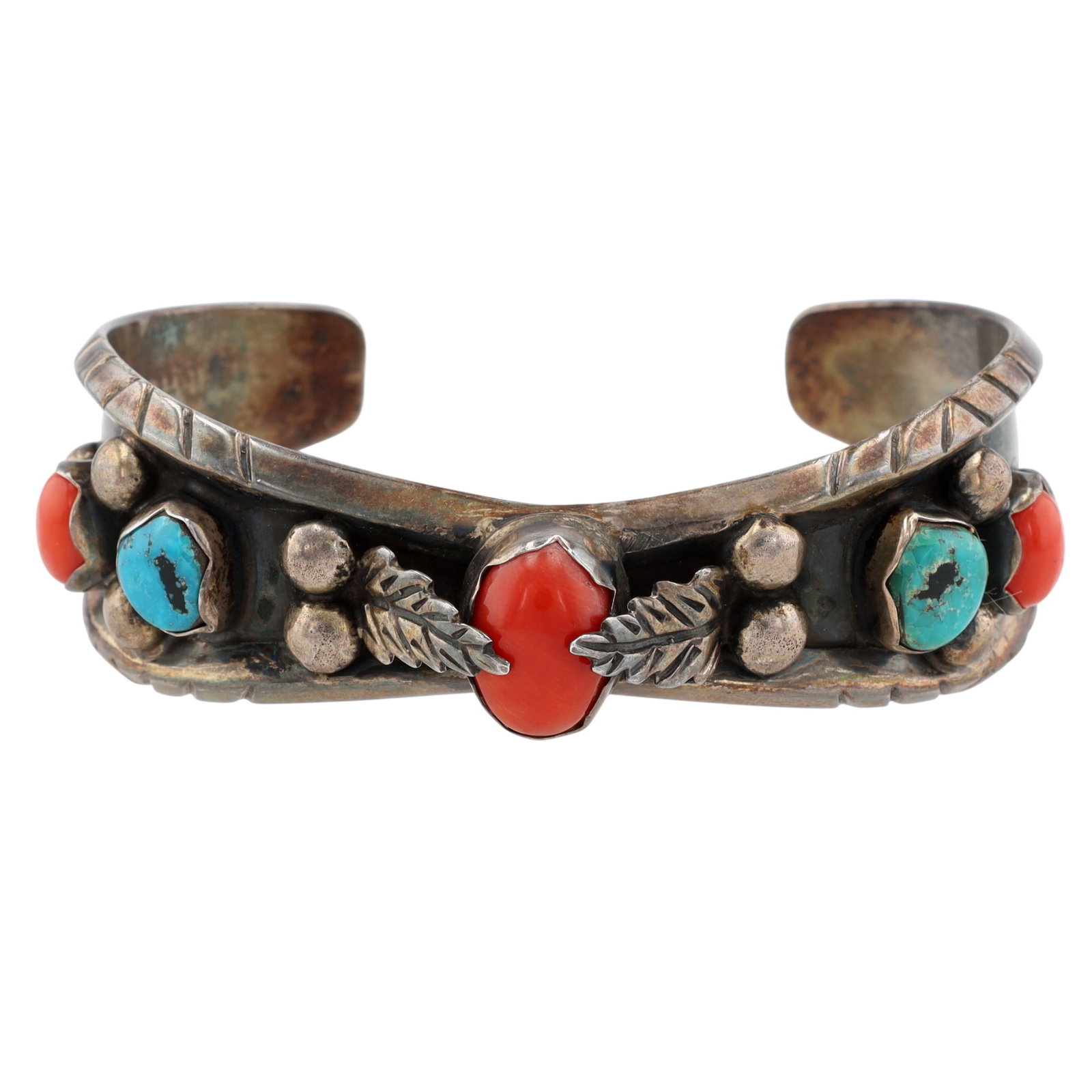Margaret Lee Navajo Sterling Turquoise Coral Cuff Bracelet: Margaret Lee Navajo Sterling Turquoise Coral Cuff Bracelet | Weight: 37.3g | Approximate Inner Circumference (Including Gap): 6.5" | Gap: 1.1"