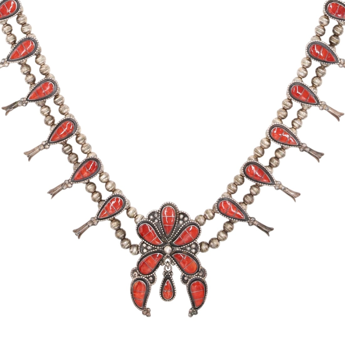 Susie Lowsayatee Zuni Sterling Coral Teardrop Inlay Squash Blossom Necklace (1 of 8)