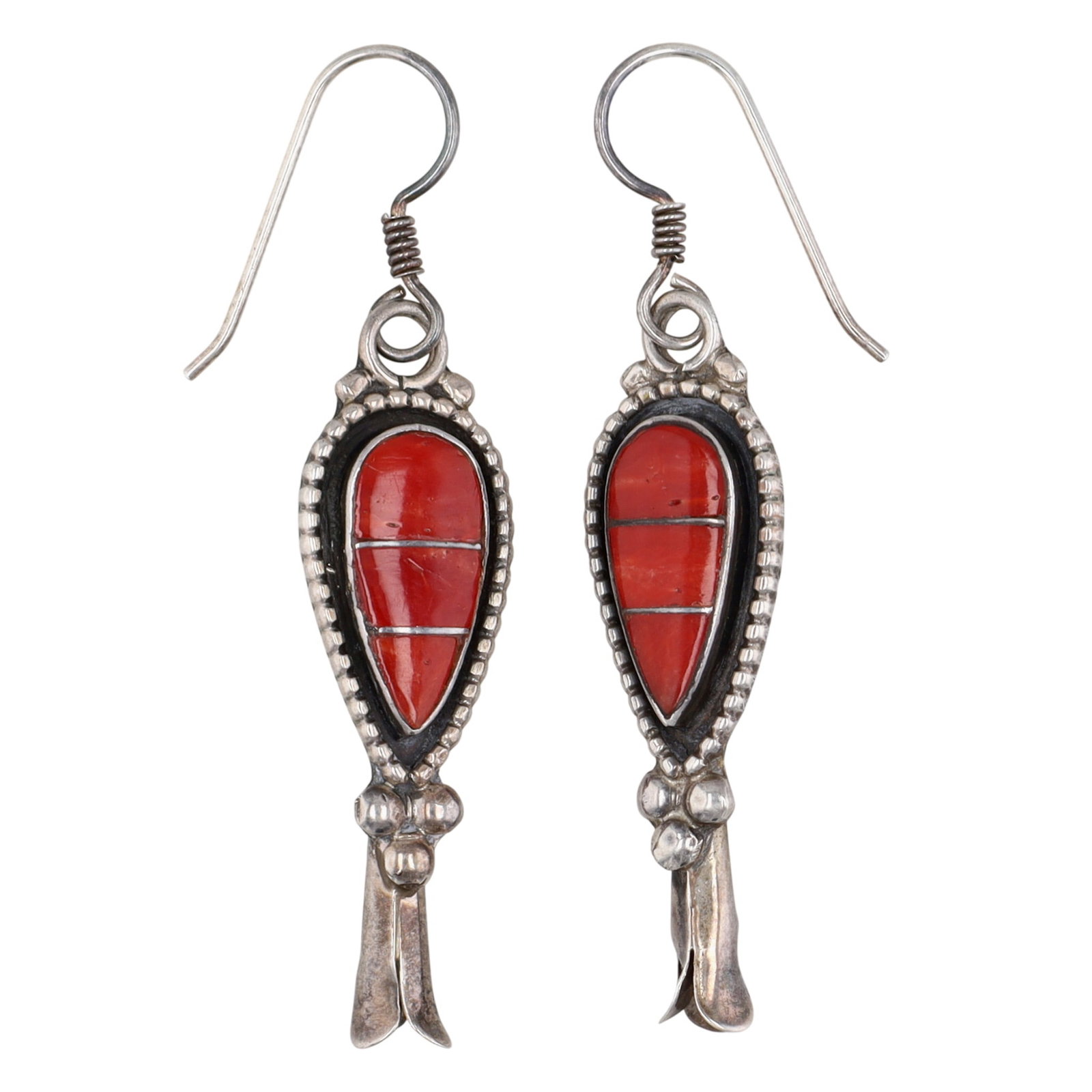 Susie Lowsayatee Zuni Sterling Coral Teardrop Inlay Squash Blossom Earrings (1 of 3)
