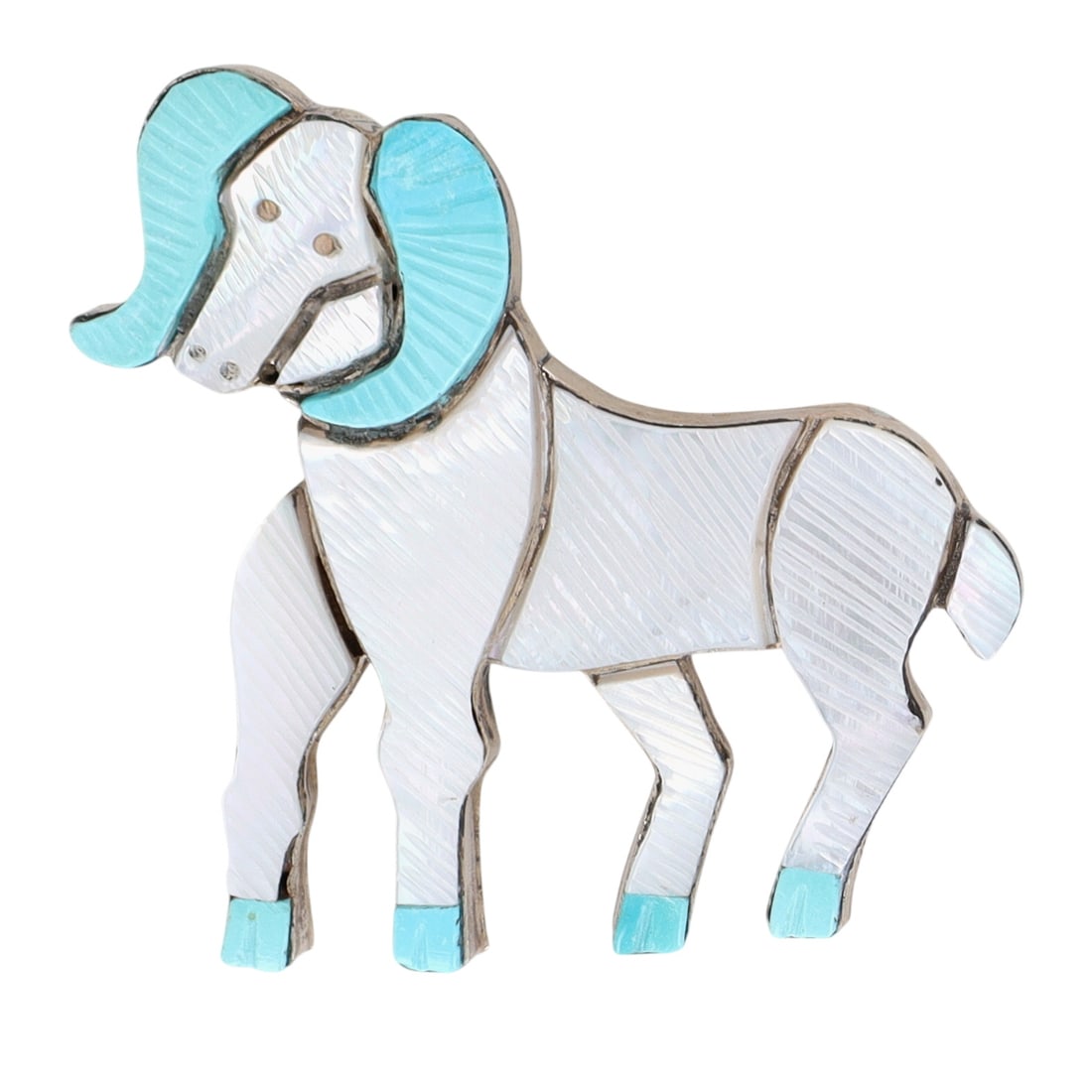 Stephen Lonjose Zuni Sterling Carved Inlay Ram Pendant/Brooch: Stephen Lonjose Zuni Sterling Turquoise and Mother of Pearl Carved Inlay Ram Pendant/Brooch | Weight: 7.7g | Approximately 1.5" x 1.5"