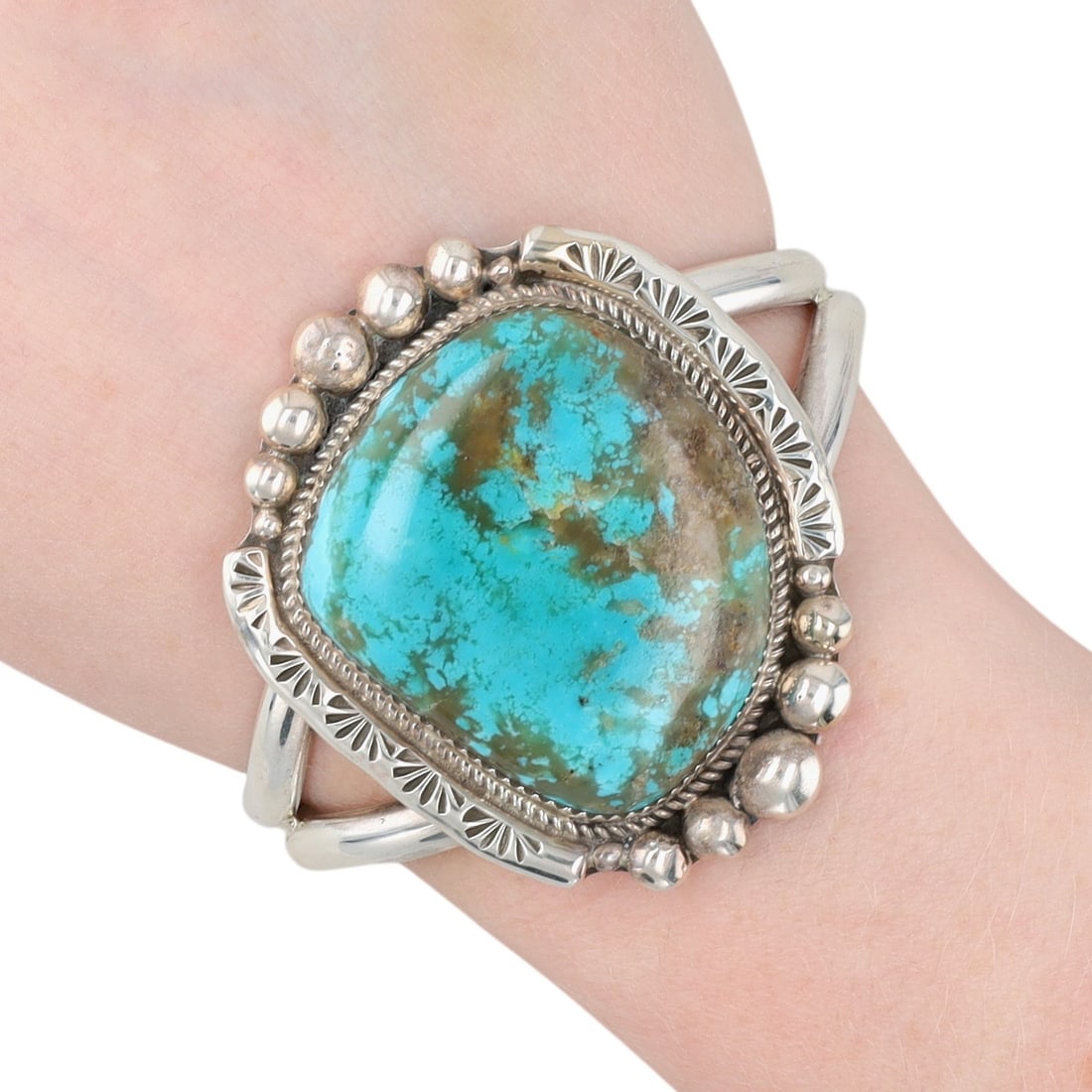Ray Nez Navajo Sterling Turquoise Cuff Bracelet: Ray Nez Navajo Sterling Turquoise Cuff Bracelet | Weight: 69.4g | Approximate Inner Circumference (Including Gap): 7" | Gap: 1.25"