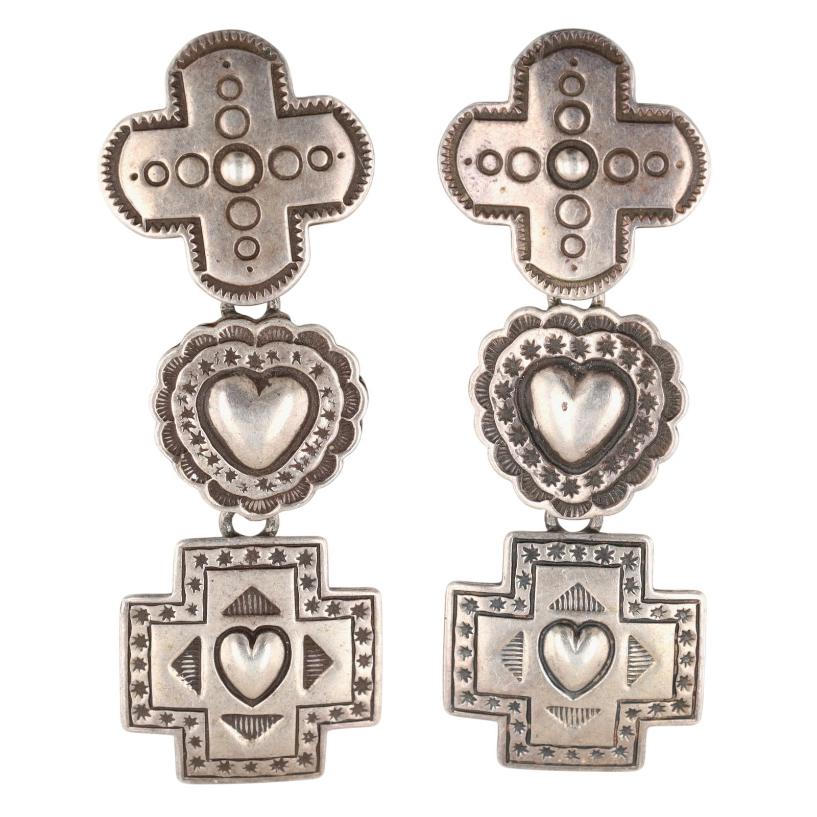 Elgin Tom Navajo Sterling Stamped Heart Dangle Earrings: Elgin Tom Navajo Sterling Stamped Heart Dangle Earrings| Weight: 13.5g | Approximately 2.25" long x .75"