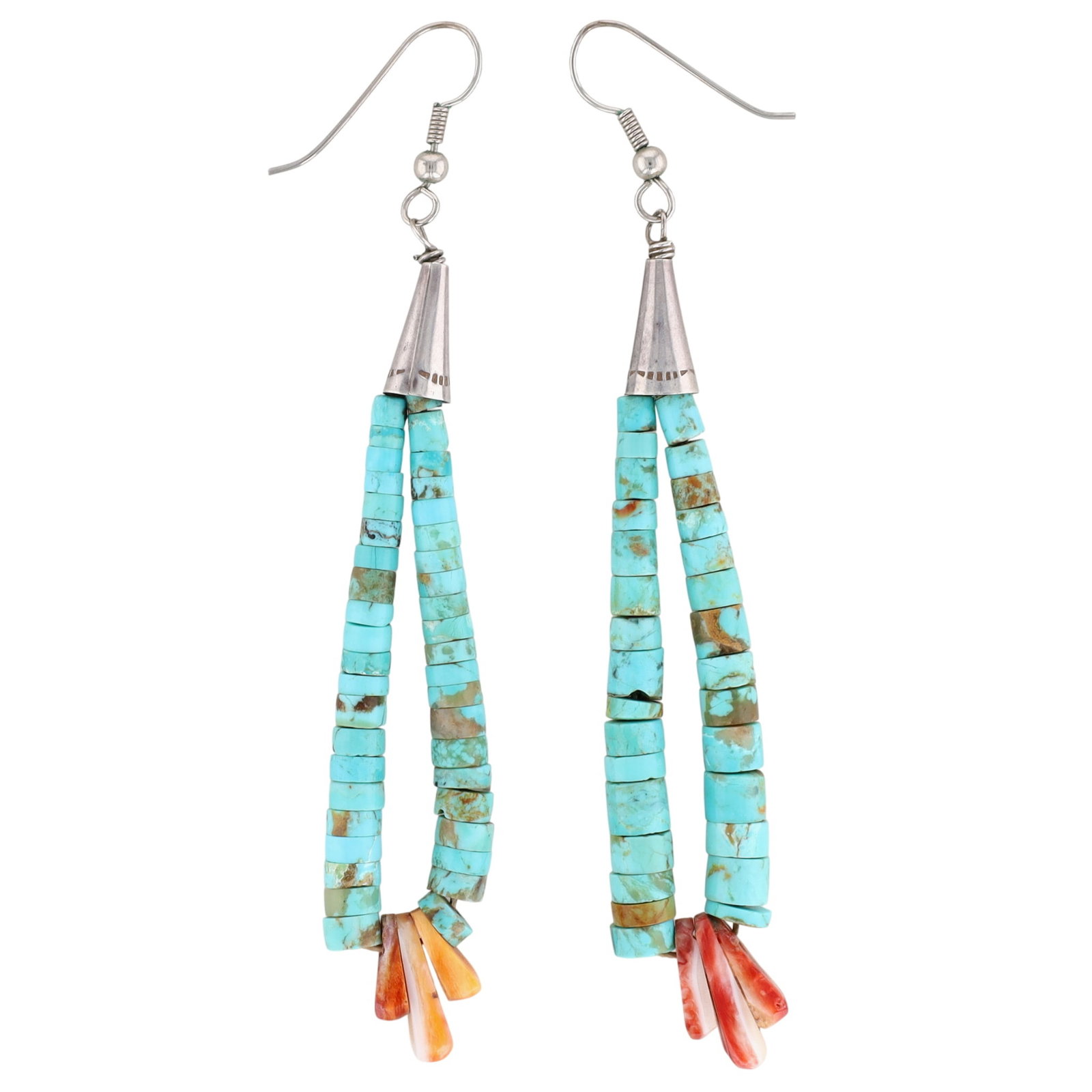 Vintage Santo Domingo Sterling Turquoise Spiny Oyster Jacla Earrings: Vintage Santo Domingo Sterling Turquoise & Spiny Oyster Jacla Earrings | Weight: 11.2g | Approx. Length: 3.75"