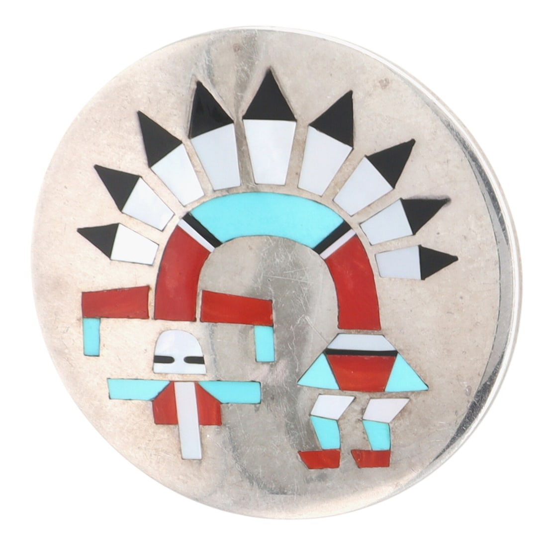 Fred & Lolita Natachu Zuni Sterling Multi-Stone Inlay Rainbowman Pendant/Brooch: Fred & Lolita Natachu Zuni Sterling Multi-Stone Inlay Rainbowman Pendant/Brooch | Turquoise, Coral, Mother of Pearl, Jet | Weight: 15.2g | Diameter measures approximately 1,5"