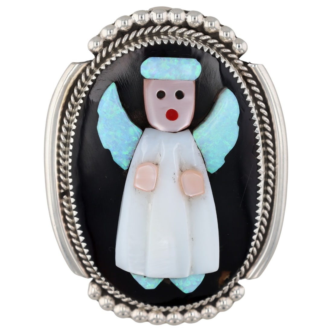 Beverly Etsate Zuni Sterling Raised Inlay Angel Pendant/Brooch: Beverly Etsate Zuni Sterling Raised Multi-Stone Inlay Angel Pendant/Brooch | Weight: 19.1g | Approx. 1.9" x 1.4" | Mother of Pearl, Opal, Jet |