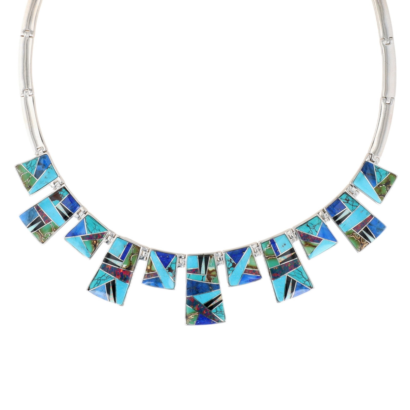 Evangeline Sherman Navajo Sterling Multi-Stone Inlay Necklace: Evangeline Sherman Navajo Sterling Multi-Stone Inlay Necklace | Turquoise, Opal, Jet, Lapis Lazuli, Denim Lapis Lazuli | Weight: 99g | Approx. Length: 18.5" | Small scratch in a piece of turquoise inl