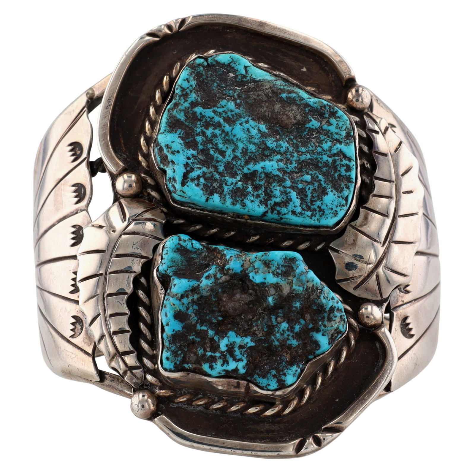 Huge Vintage Navajo Sterling Turquoise Cuff Bracelet: Huge Vintage Navajo Sterling Double Turquoise Chunk Cuff Bracelet | Weight: 111.5g | Approximate Inner Circumference (Including Gap): 5.6" | Gap: 1" | Face Width: 2.75" x 2.25" | Provenance: From an e