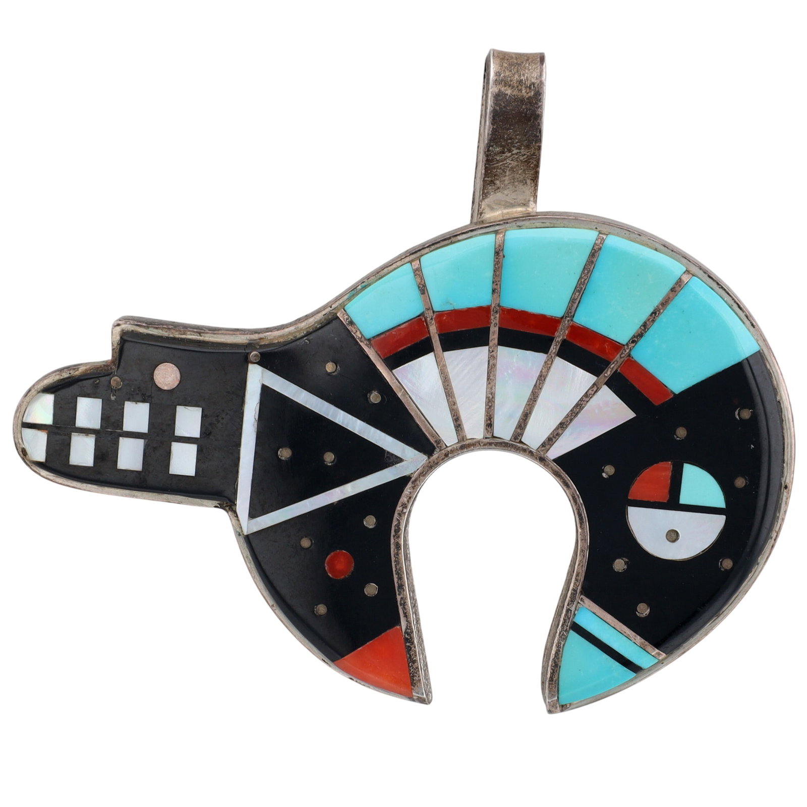 Harold Smith Navajo Sterling Multi-Stone Inlay Bear Pendant: Harold Smith Navajo Sterling Multi-Stone Inlay Bear Pendant | Weight: 27.7g | Turquoise, Coral, Mother of Pearl, Jet | Measures approximately 2" (incl. bail) x 2.4"