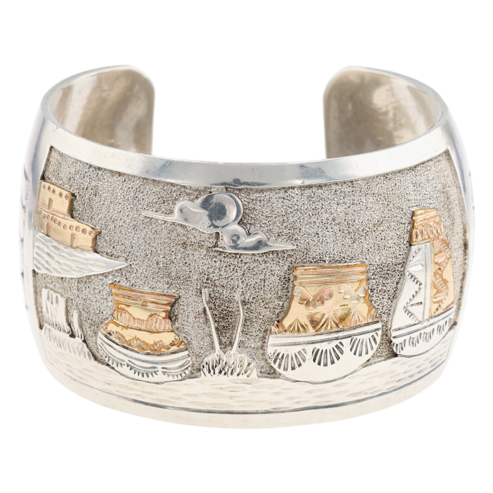 Wilson Tsosie Navajo Sterling Storyteller Wide Cuff Bracelet: Wilson Tsosie Navajo Sterling Storyteller Wide Cuff Bracelet | Weight: 80g | Approximate Inner Circumference (Including Gap): 7" | Gap: 1.1"