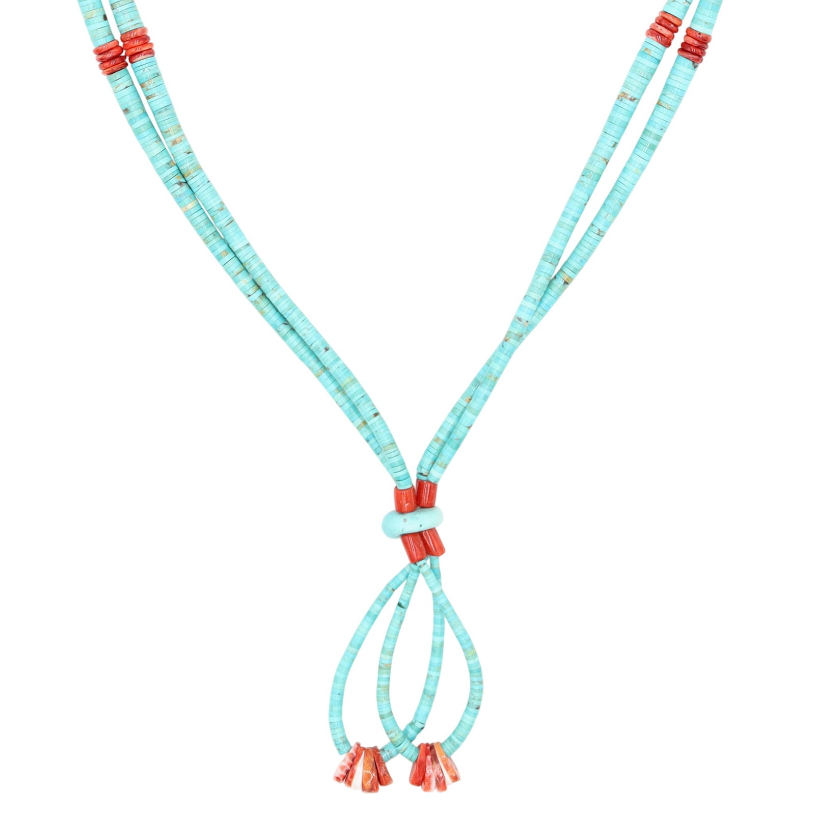 Santo Domingo Sterling Turquoise Coral Jacla Necklace: Santo Domingo Turquoise, Coral & Spiny Oyster Jacla Necklace | Weight: 70g | Approx. Length: 28" plus 3.5" jaclas | Provenance: From an estate of a longtime Native American jewelry collector who purch