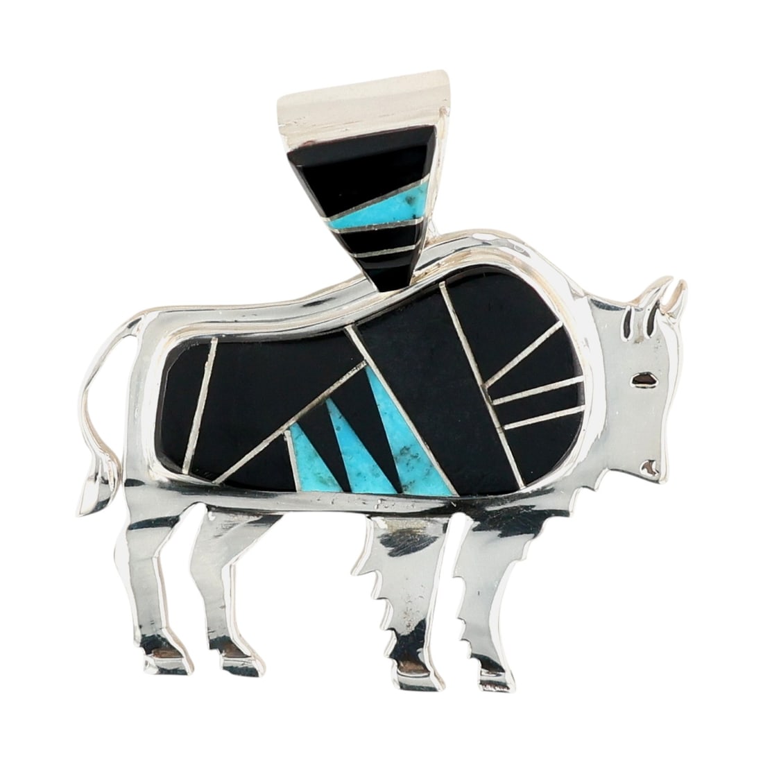 Calvin Begay Navajo Sterling Multi-Stone Inlay Buffalo Pendant: Calvin Begay Navajo Sterling Multi-Stone Inlay Buffalo Pendant | Turquoise, Jet | Weight: 19.7g | Approx. 1.8" x 1.7"