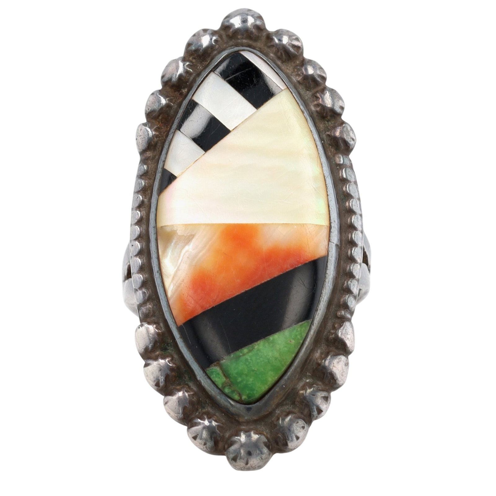 Vintage Zuni Sterling Multi-Stone Inlay Ring Sz 6: Vintage Zuni Sterling Multi-Stone Inlay Ring Sz 6 | Turquoise, Mother of Pearl, Jet, etc. | Weight: 8.9g | Ring face measures approximately 1.6" x .7" | Provenance: From an estate of a longtime Native