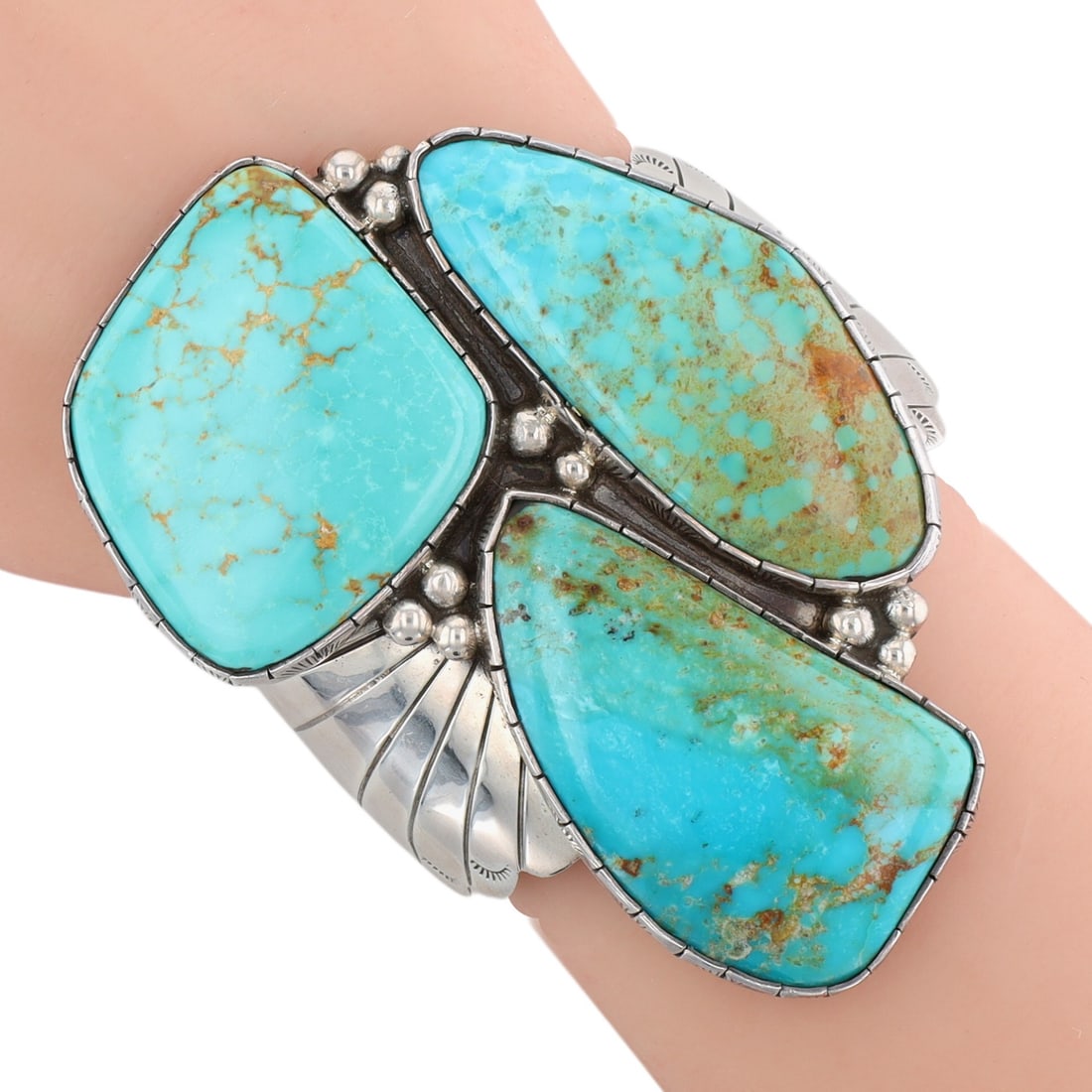 Huge M. Guerro Navajo Sterling Turquoise Cuff Bracelet: Huge! Gorgeous - Vintage M. Guerro Navajo Sterling Turquoise Cuff Bracelet | Weight: 86.5g | Approximate Inner Circumference (Including Gap): 6" | Gap: 1" | Face Width: 3.25" x 2.25" | Turquoise setti