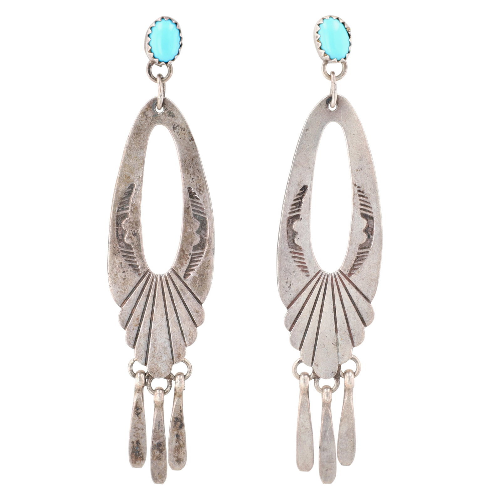 Vintage Navajo Sterling Sleeping Beauty Turquoise Stamped Earrings: Vintage Navajo Sterling Sleeping Beauty Turquoise Stamped Tassel Earrings | Weight: 6.9g | 2.9" x .6"
