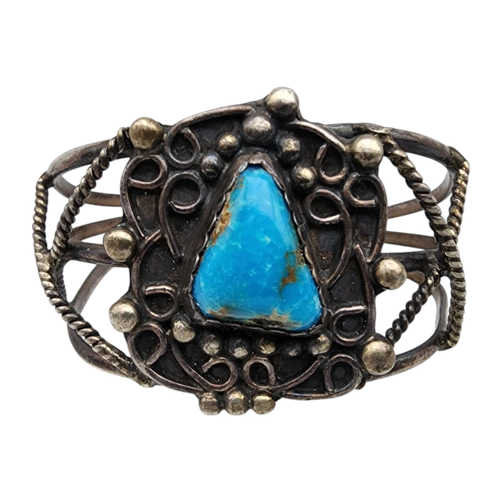 Vintage Navajo Sterling Turquoise Cuff Bracelet: Vintage Navajo Sterling Turquoise Cuff Bracelet | Weight: 31.5g | Approximate Inner Circumference (Including Gap): 6.25" | Gap: 1" | Slightly out of round